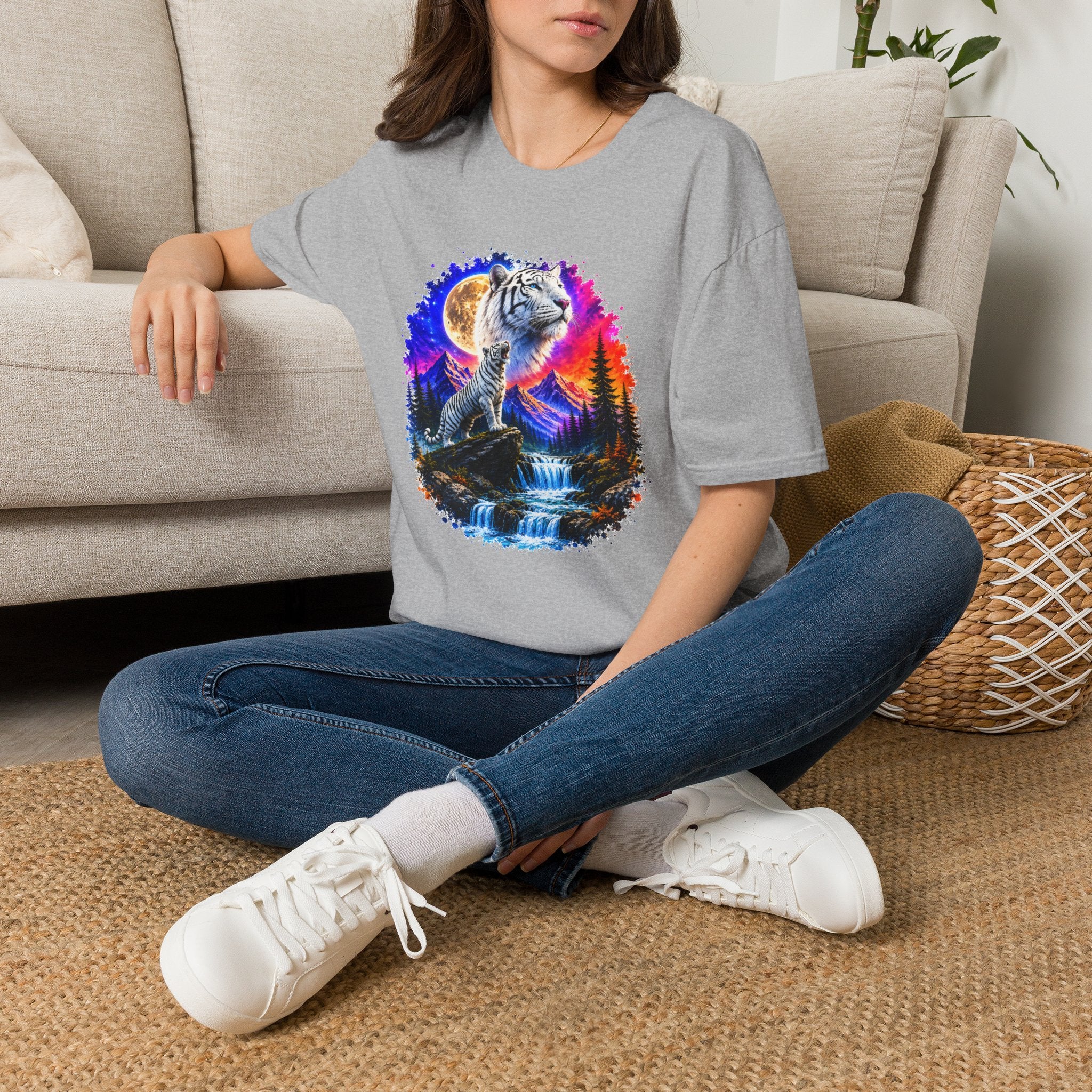 White Tiger Moon T-Shirt | Colorful Wildlife Graphic Tee | Big Cat Lover Gift | Nature Shirt