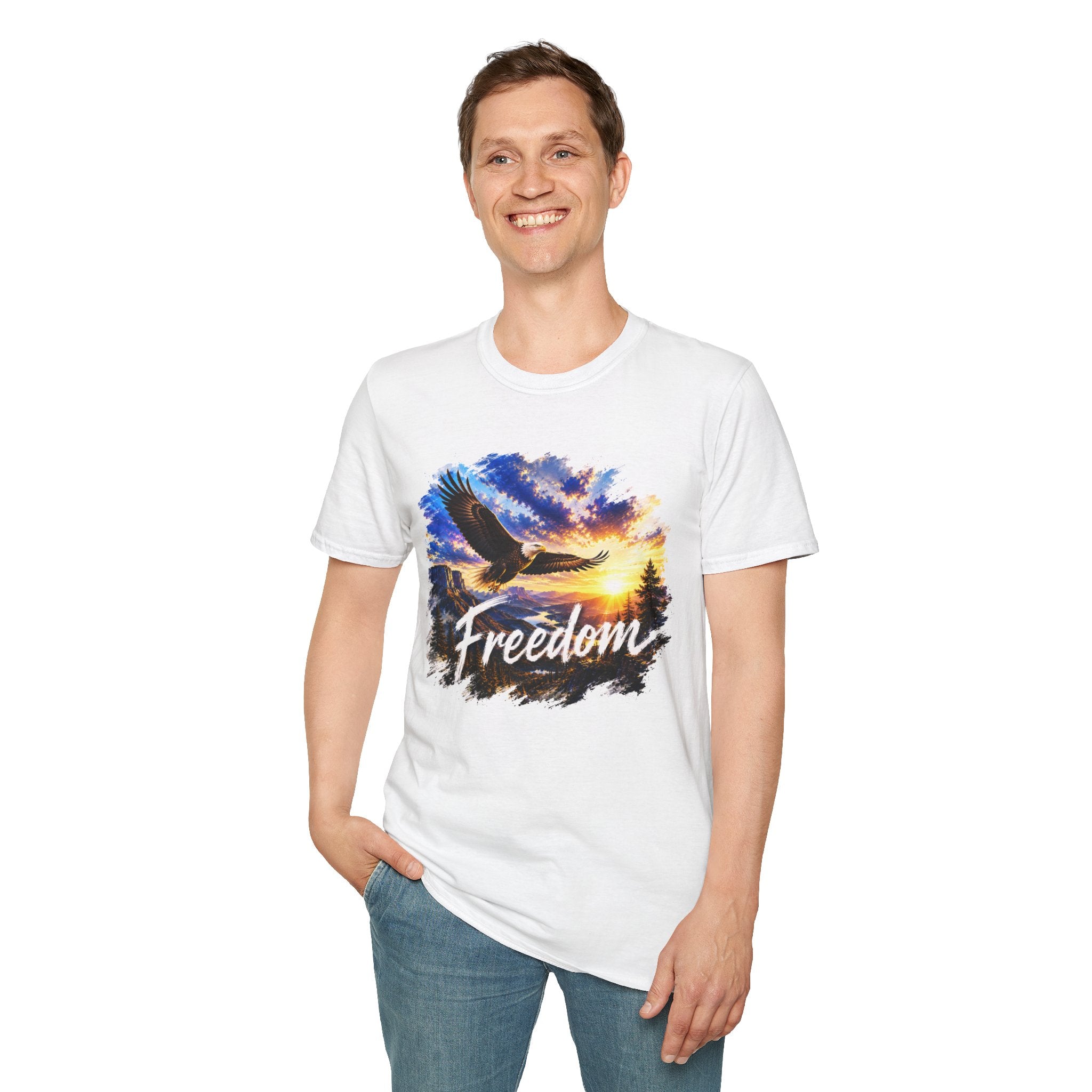 Freedom Eagle T-Shirt, Soaring Eagle Graphic Tee, Sunset Wildlife Shirt, Nature Lover Gift, Unisex Outdoor Tee