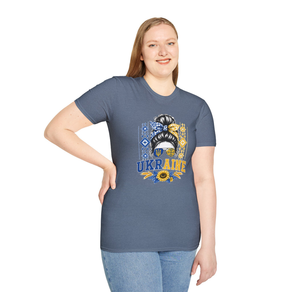 Ukraine Sunflower Hair Bun T-Shirt — Messy Bun with Blue & Yellow Bandana