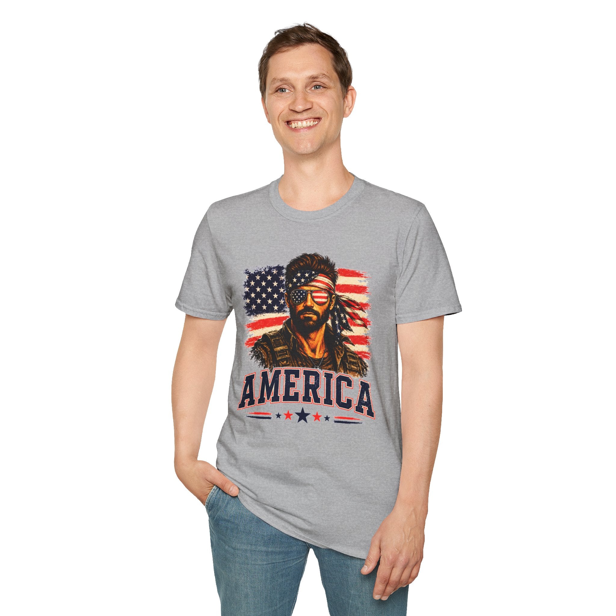 Patriotic Bandana Man T-Shirt — USA Flag Graphic Tee ("America")