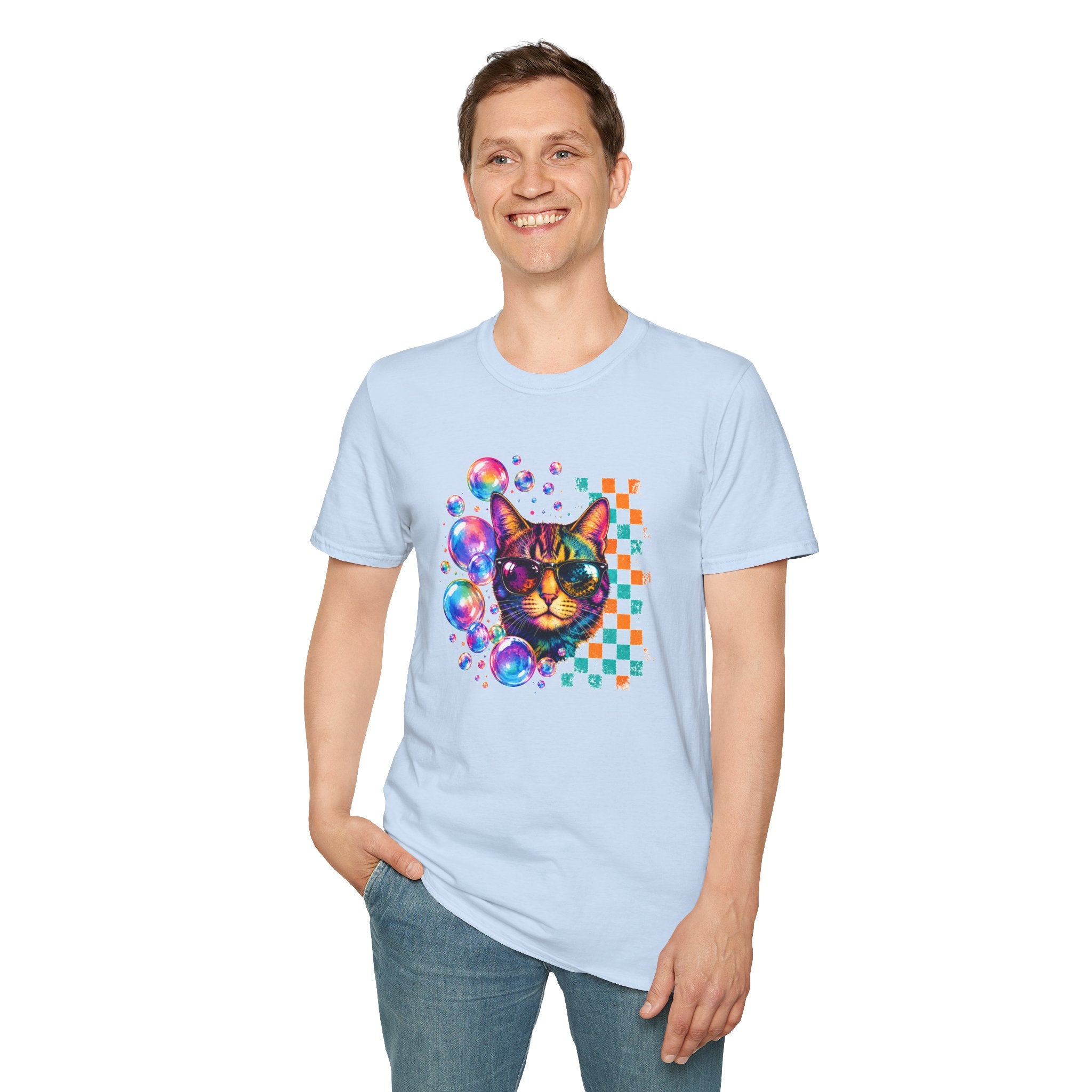 Colorful Cat Sunglasses T-Shirt, Retro Pop Art Cat Tee, Fun Graphic Shirt