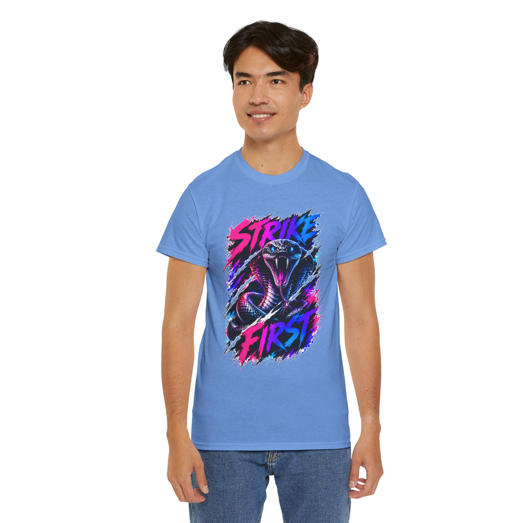 Strike First Cobra T-Shirt | Neon Snake Graphic Tee | Bold Streetwear Shirt | Unisex Graphic Tee