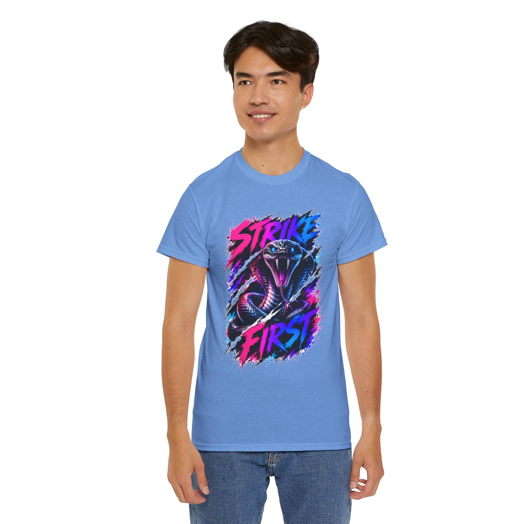 Strike First Cobra T-Shirt | Neon Snake Graphic Tee | Bold Streetwear Shirt | Unisex Graphic Tee