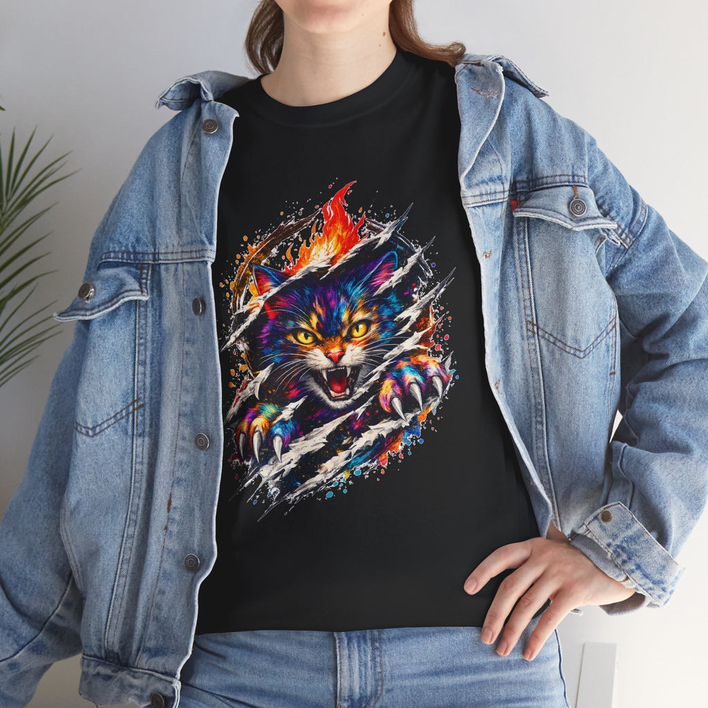 Colorful Angry Cat Rip Through Graphic Tee | Neon Cat T-Shirt | Unisex Streetwear Shirt | Fierce Cat Art | Gift for Cat Lovers