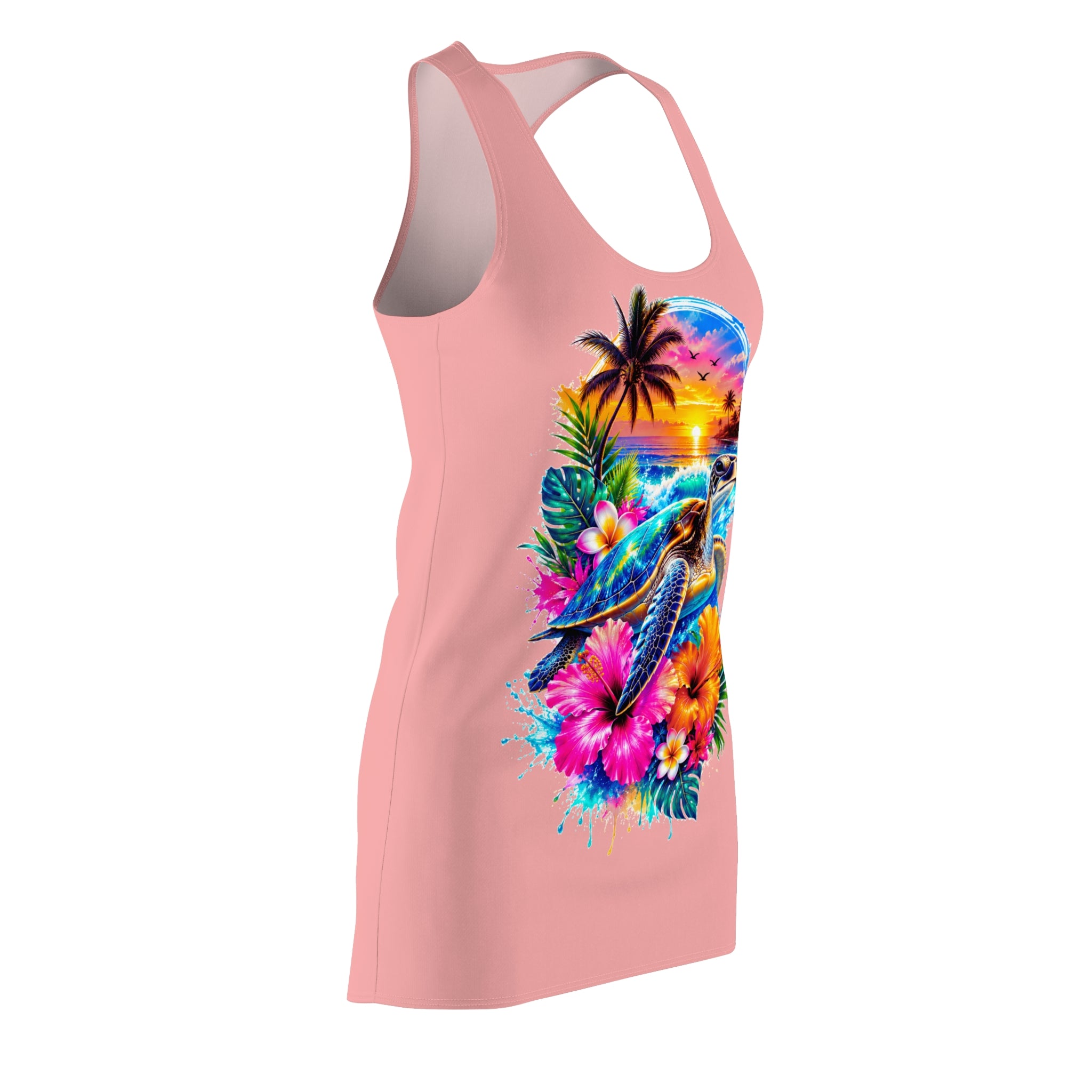 Tropical Sea Turtle Racerback Dress — Sunset Hibiscus Beach Print