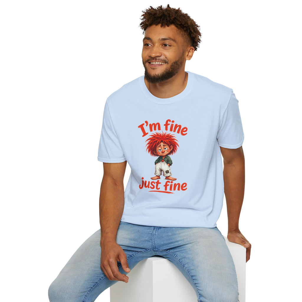 I'm Fine T‑Shirt — Cute Red‑Haired Character Tee ("I'm fine, just fine")