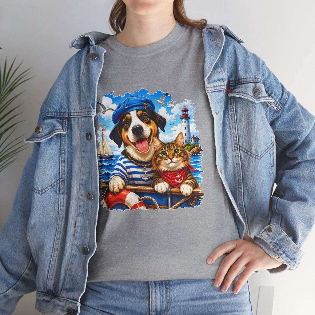 Nautical Dog & Cat T-Shirt | Sailor Pet Graphic Tee | Coastal Animal Lover Shirt | Beach Dog Cat Gift