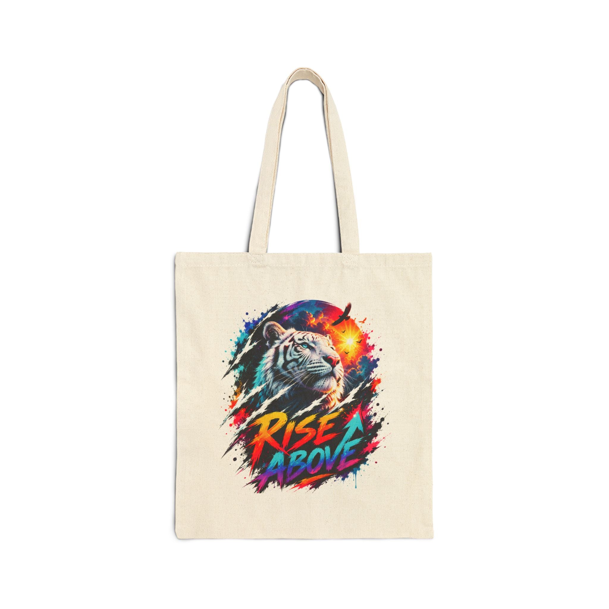 Rise Above Tiger Tote Bag | Colorful White Tiger Canvas Bag | Motivational Tote | Neon Animal Art | Reusable Shopping Bag | Gift for Tiger Lovers