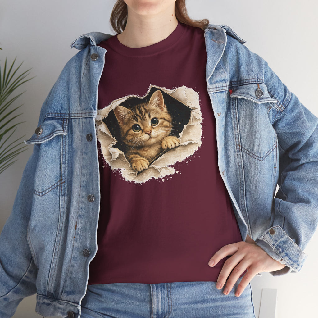 Cat Peeking Through Hole T-Shirt — Cute Kitten Graphic Tee