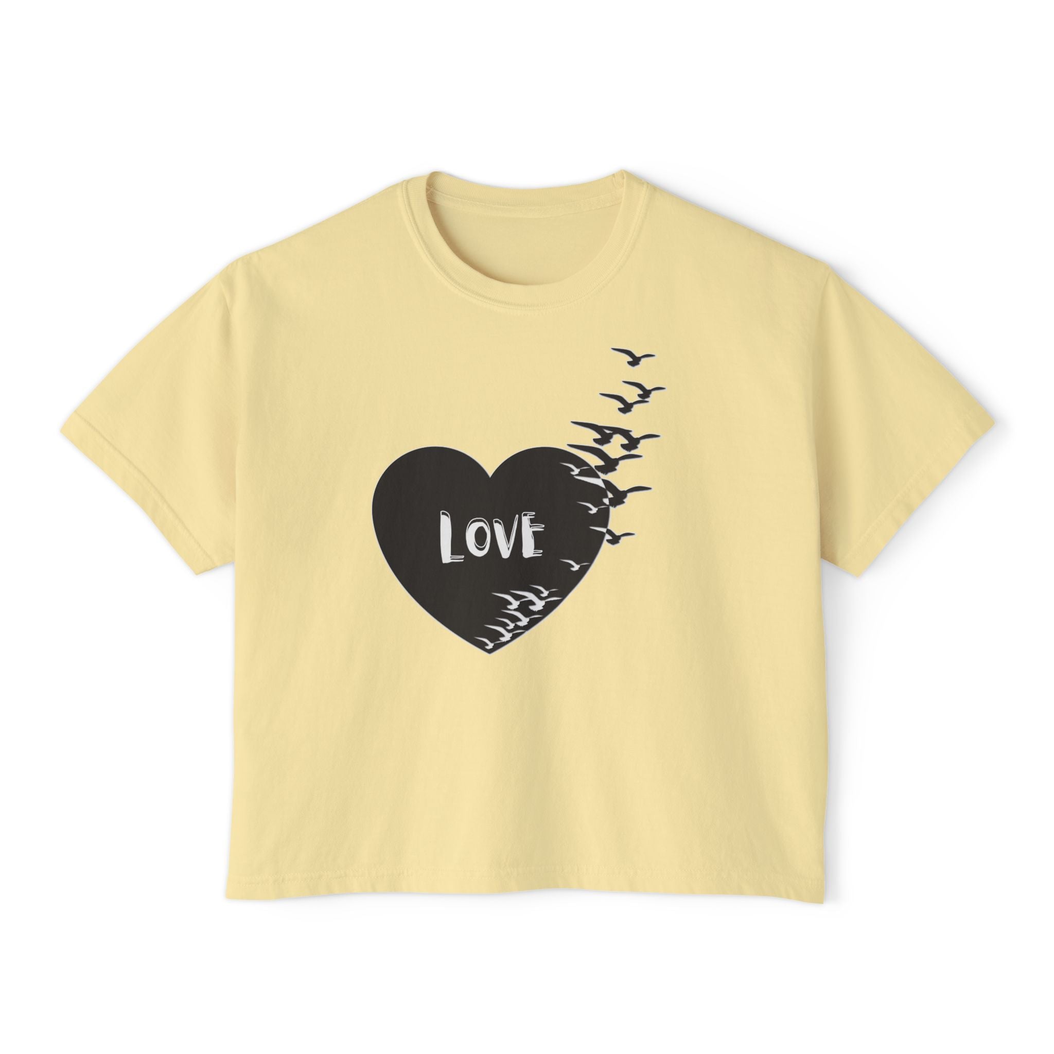 Love Bird Heart Boxy Tee — Women's Casual Graphic Shirt