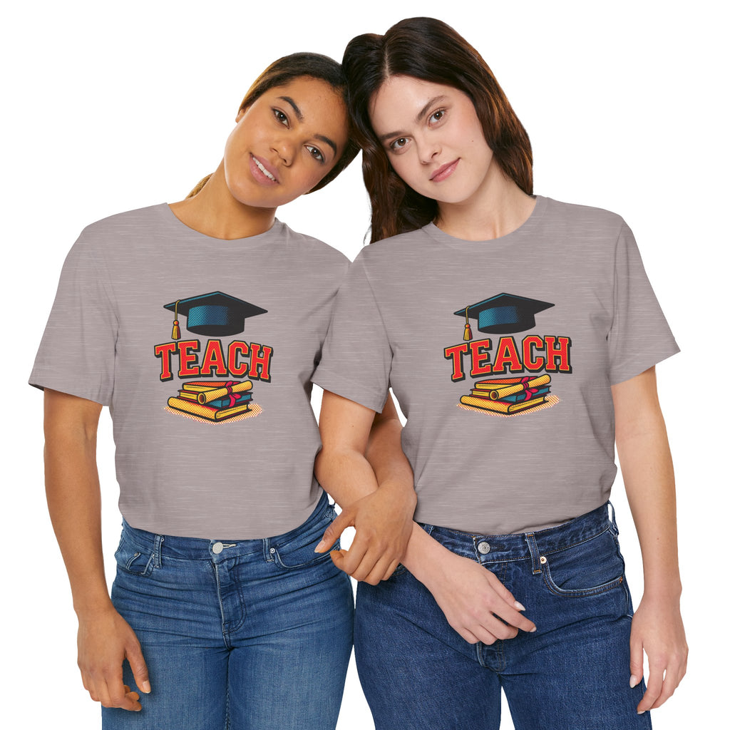 Teach Graduation T‑Shirt — Teacher Gift Tee with Cap & Books Design