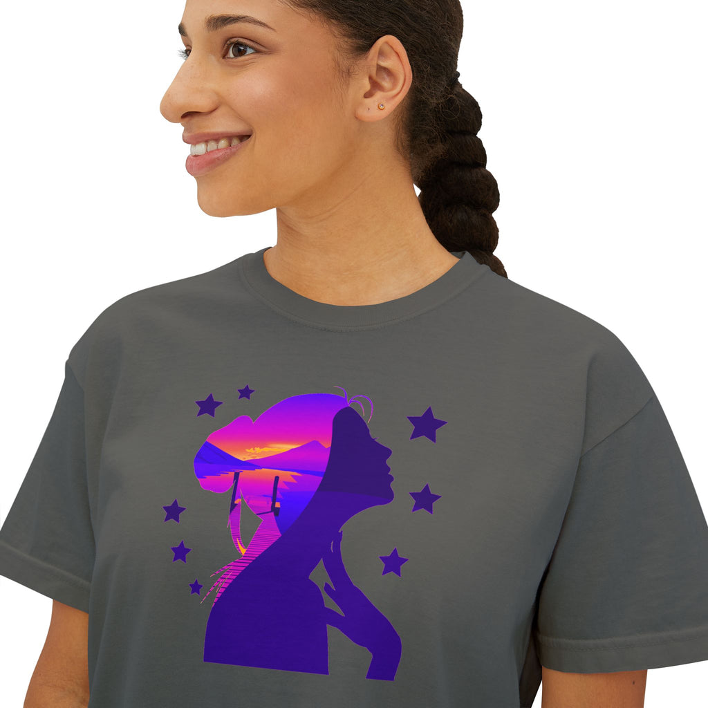 Women's Boxy Tee — Purple Sunset Silhouette Tee for Girls & Teens