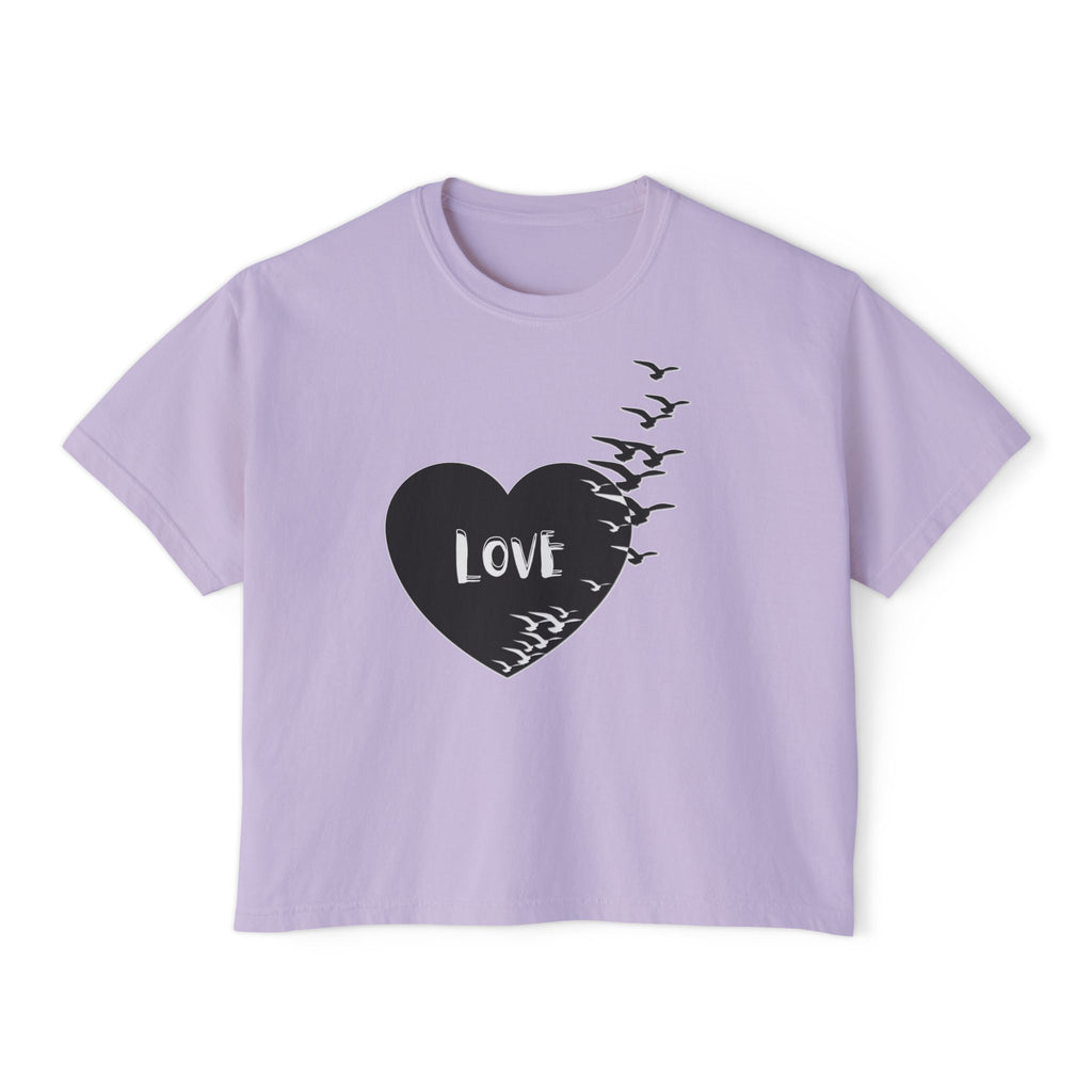 Love Bird Heart Boxy Tee — Women's Casual Graphic Shirt