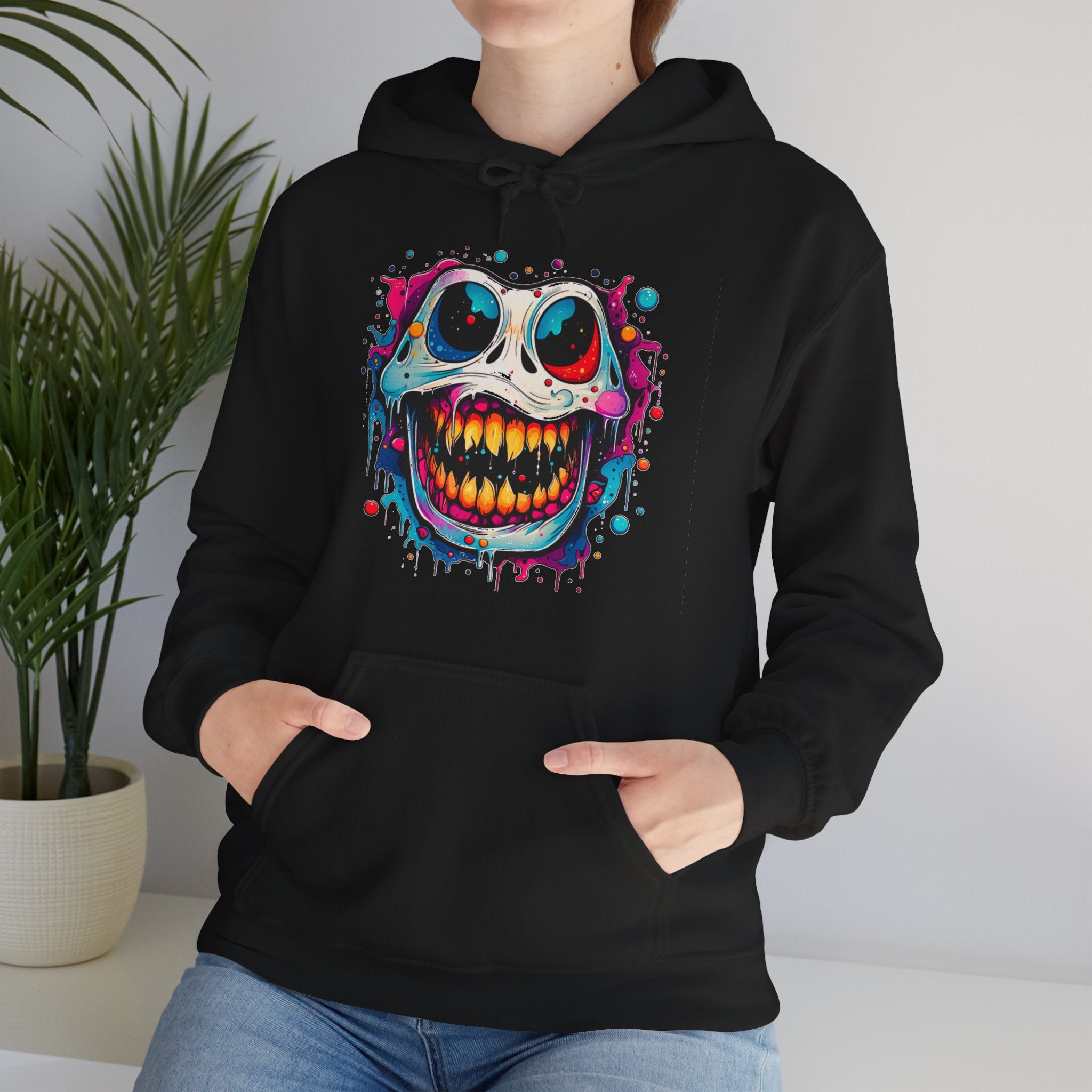Unisex Skull Smile Hoodie - Colorful Drippy Graffiti Skull Pullover