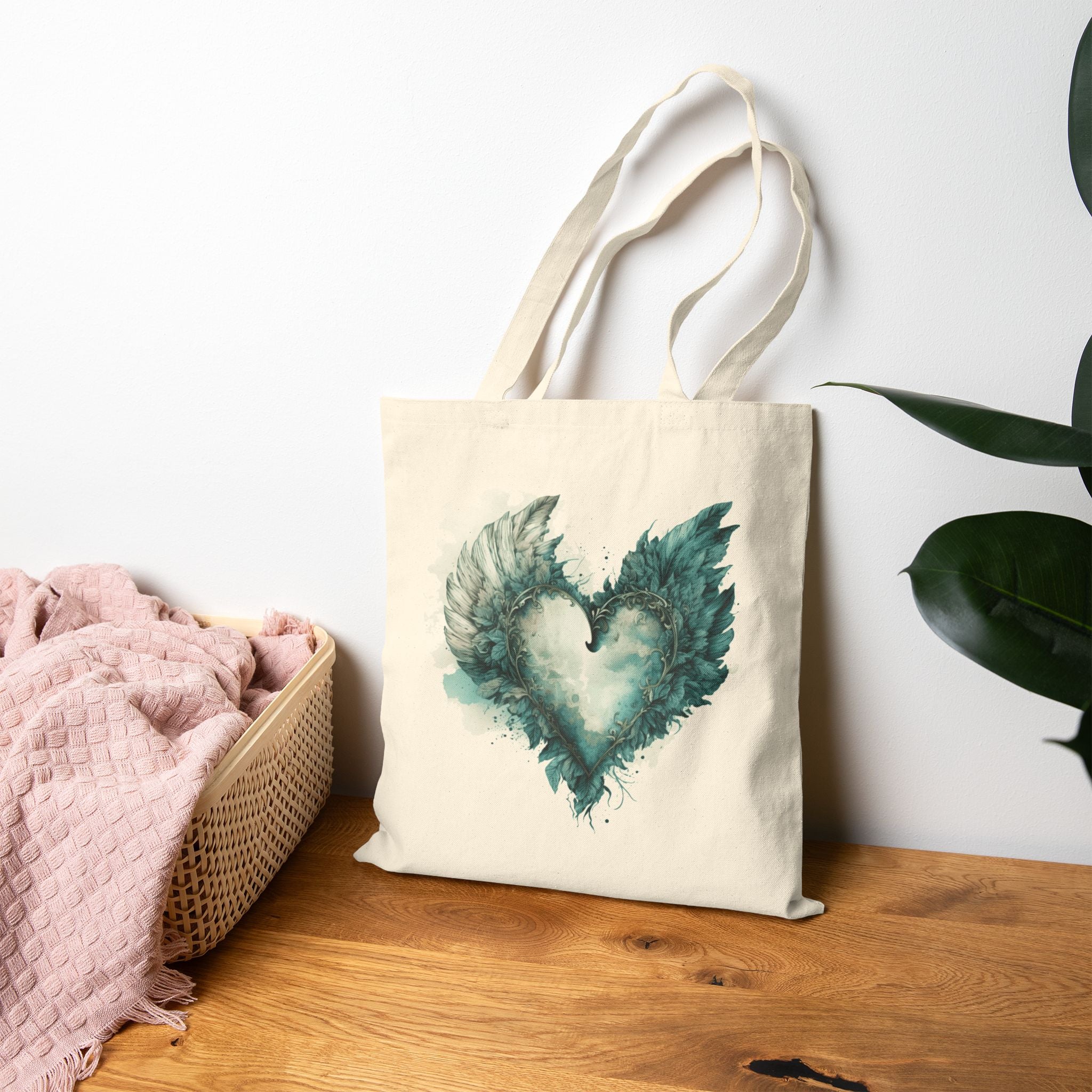 Cute Canvas Tote Bag with Teal Watercolor Angel Wings Heart Design