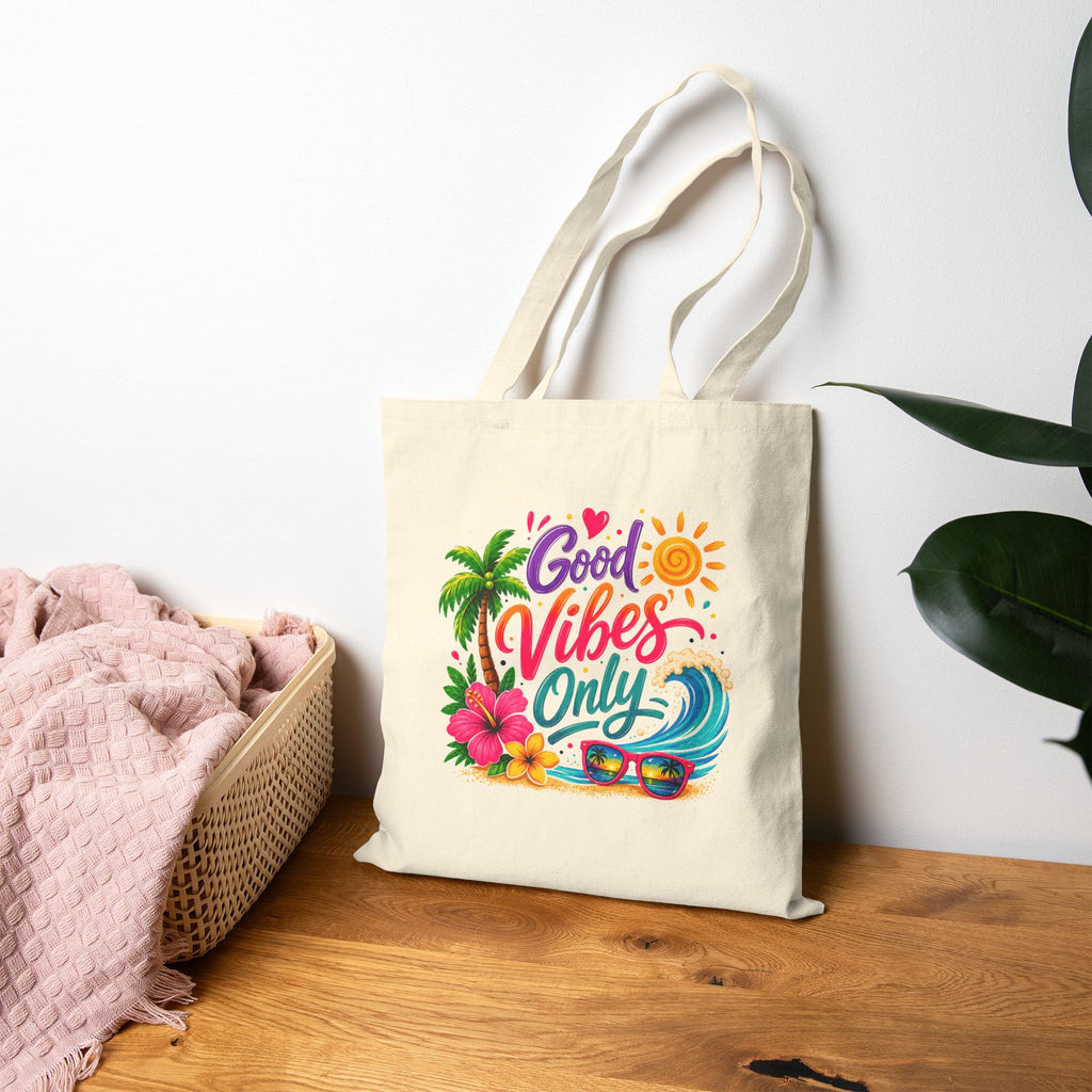 Good Vibes Only Beach Tote Bag, Tropical Canvas Shopper, Summer Vacation Tote, Coastal Gift for Women