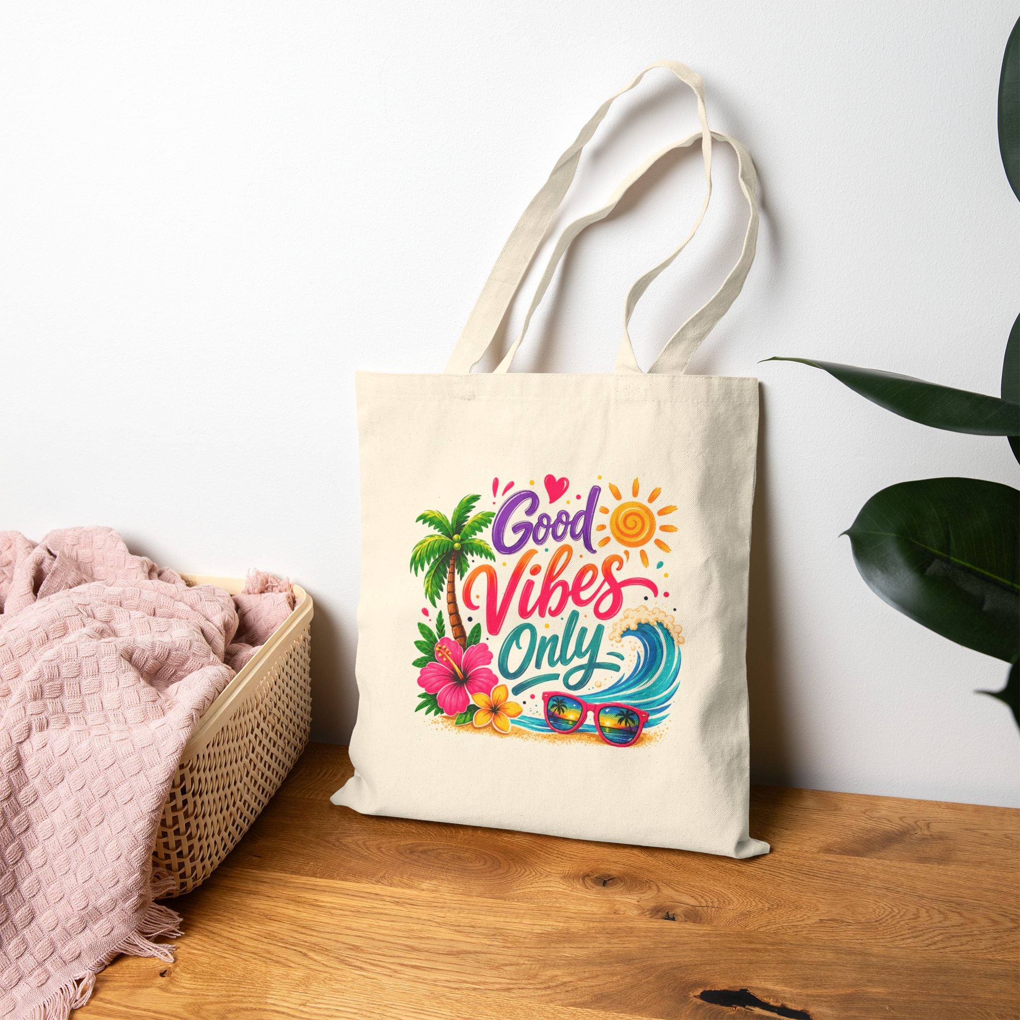 Good Vibes Only Beach Tote Bag, Tropical Canvas Shopper, Summer Vacation Tote, Coastal Gift for Women