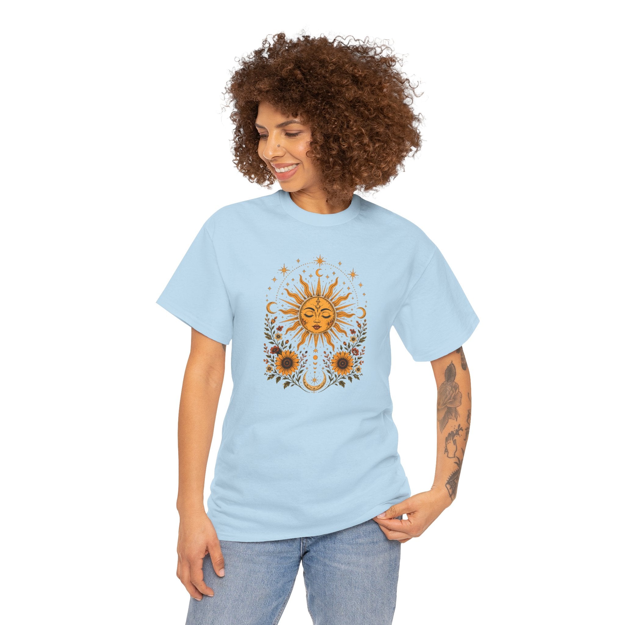 Sun & Sunflower Graphic T-Shirt, Boho Celestial Tee, Vintage Sun Shirt, Spiritual Aesthetic Top, Gift for Her