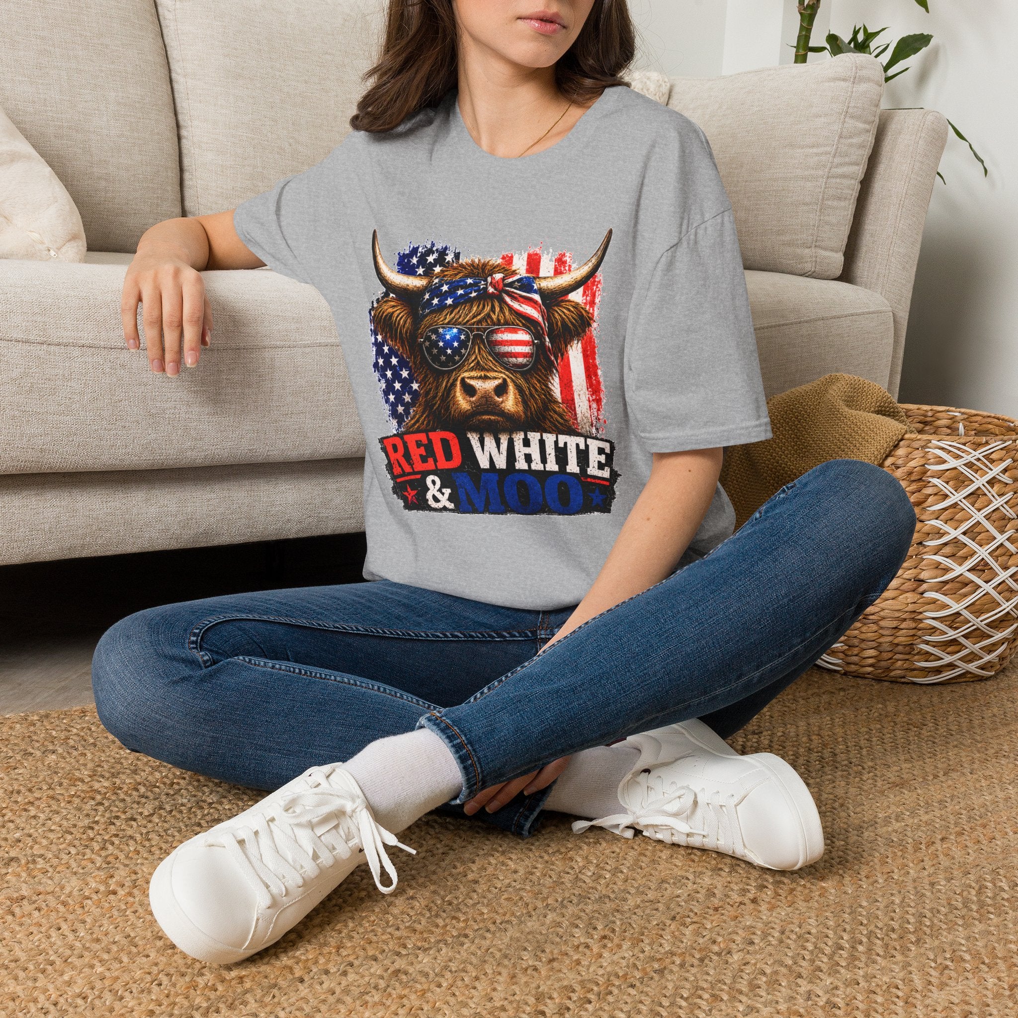 Patriotic Cow Graphic T-Shirt — "Red White & Moo" American Flag Tee