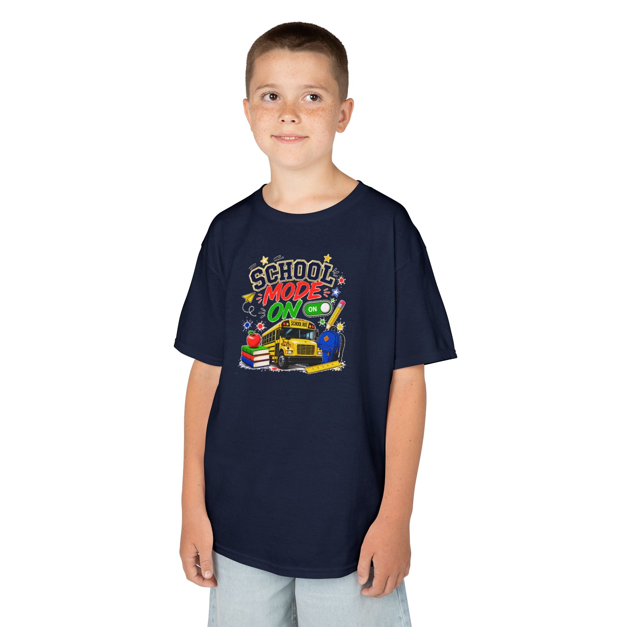 School Mode On Kids T‑Shirt — Back-to-School Graphic Tee with Bus, Books & Apple