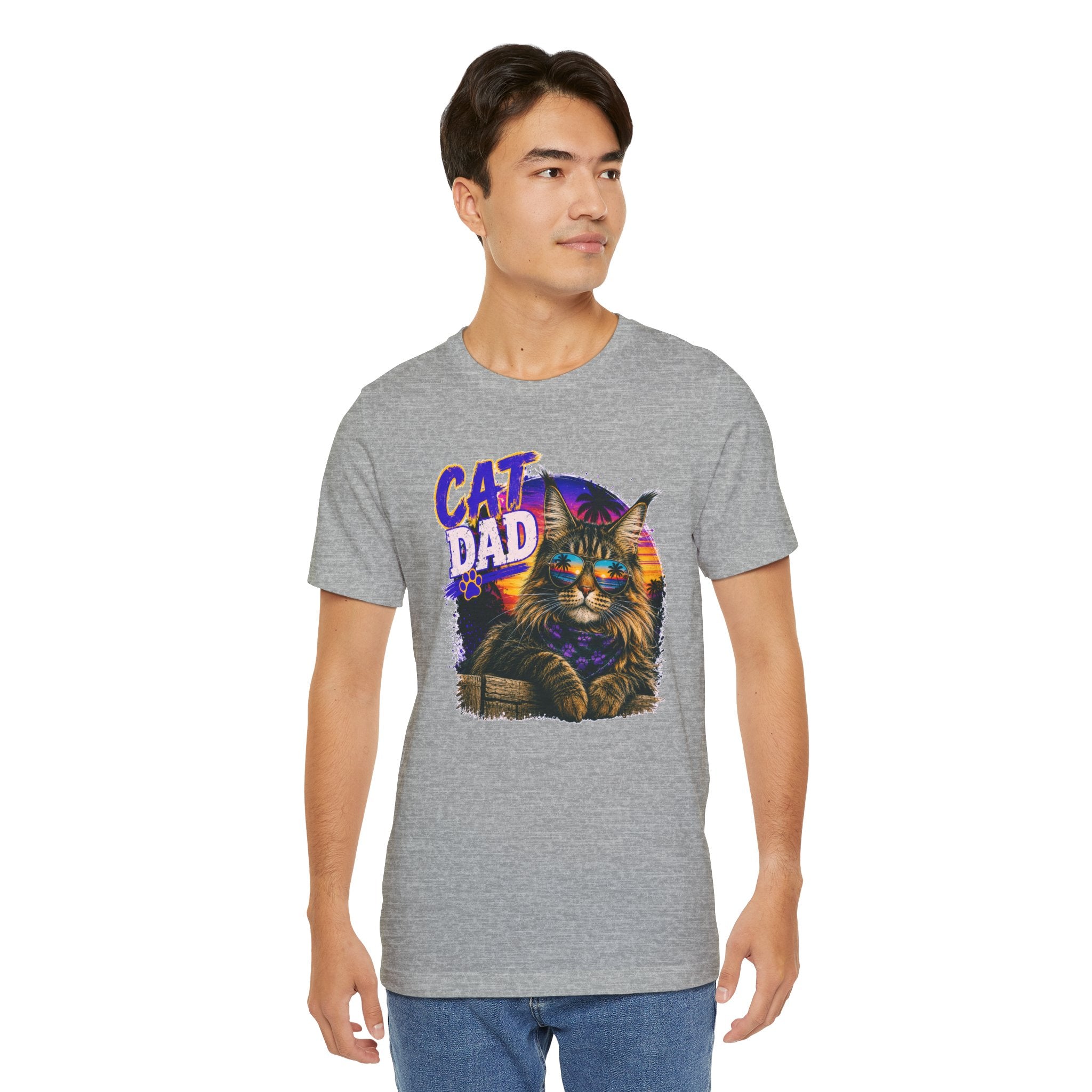 Cat Dad Maine Coon T-Shirt | Retro Sunset Cat Lover Shirt | Funny Cat Dad Gift | Vintage Graphic Tee for Men