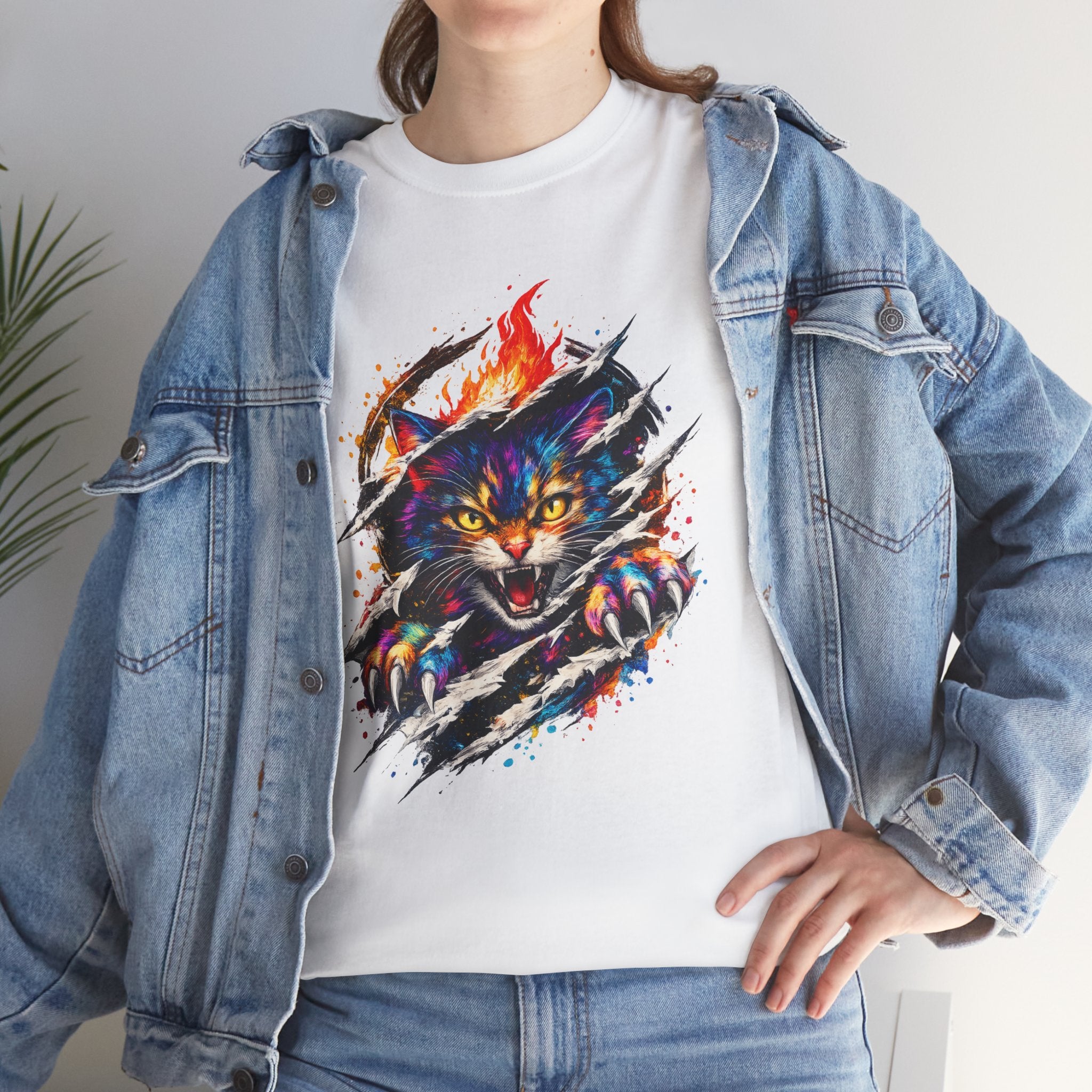 Colorful Angry Cat Rip Through Graphic Tee | Neon Cat T-Shirt | Unisex Streetwear Shirt | Fierce Cat Art | Gift for Cat Lovers