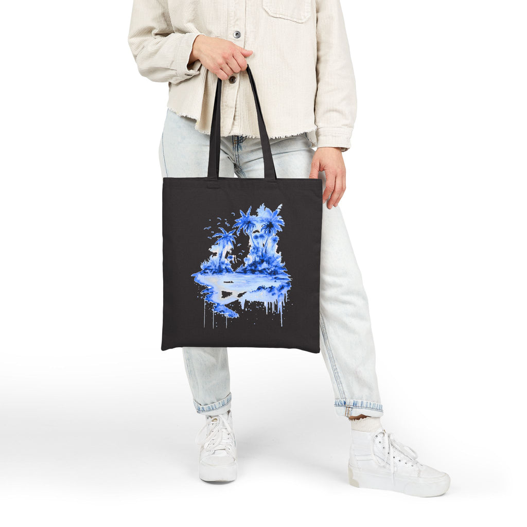 Blue Watercolor Tropical Island Tote Bag | Palm Trees Beach Canvas
