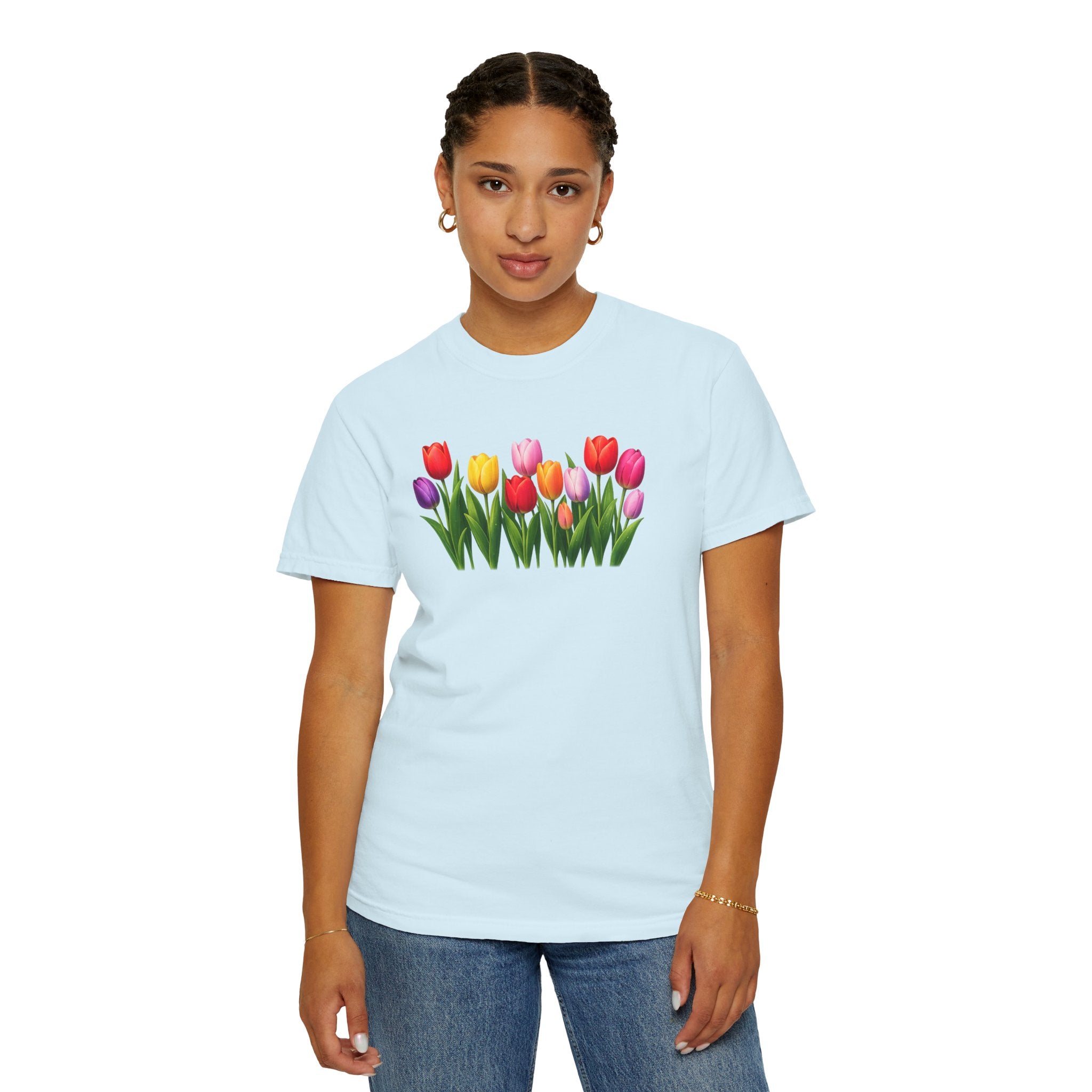 Colorful Tulip Shirt, Floral T-Shirt for Women, Botanical Graphic Tee, Spring Garden Shirt, Comfort Colors Tee