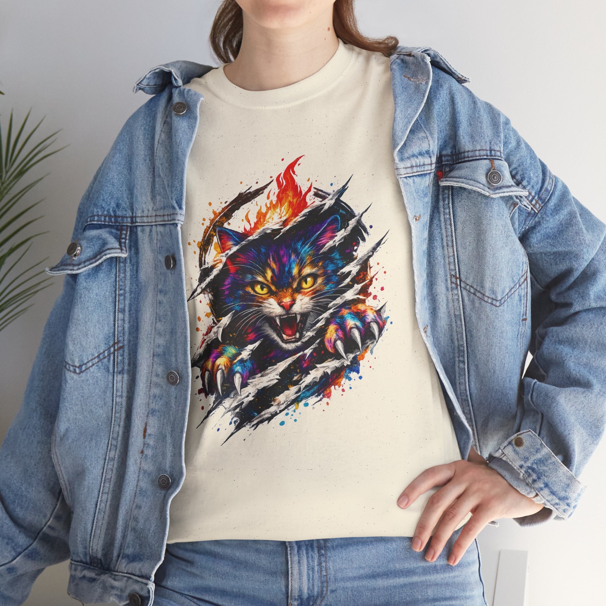 Colorful Angry Cat Rip Through Graphic Tee | Neon Cat T-Shirt | Unisex Streetwear Shirt | Fierce Cat Art | Gift for Cat Lovers