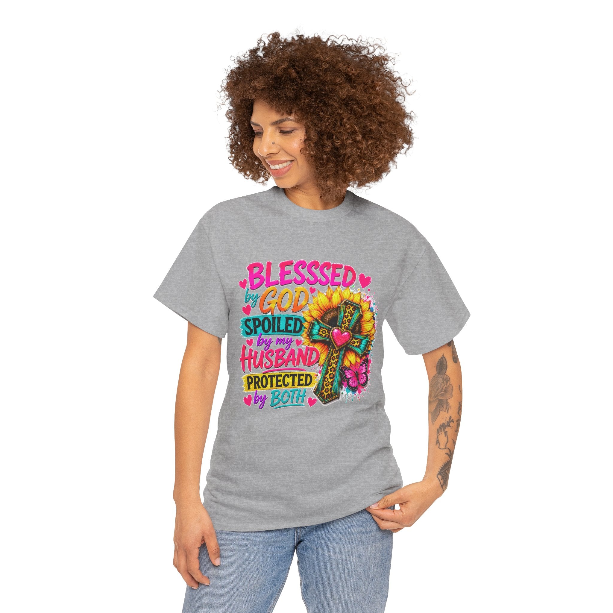 Blessed by God Spoiled by My Husband Tee — Christian Cross Floral Women's Shirt