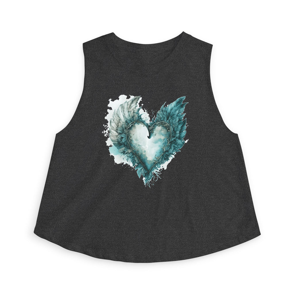 Winged Heart Crop Top, Angel Wings Heart Shirt, Teal Watercolor Graphic Crop Top, Aesthetic Women's Crop Tee