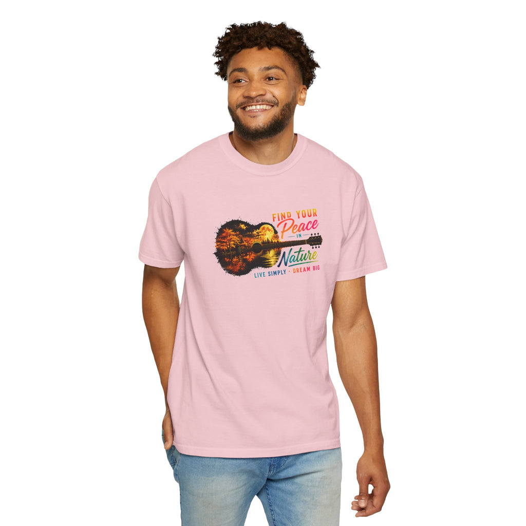 Acoustic Guitar Nature T-Shirt, Find Your Peace in Nature Tee, Music Lover Gift, Camping Shirt, Outdoor Graphic Tee, Hiking Shirt