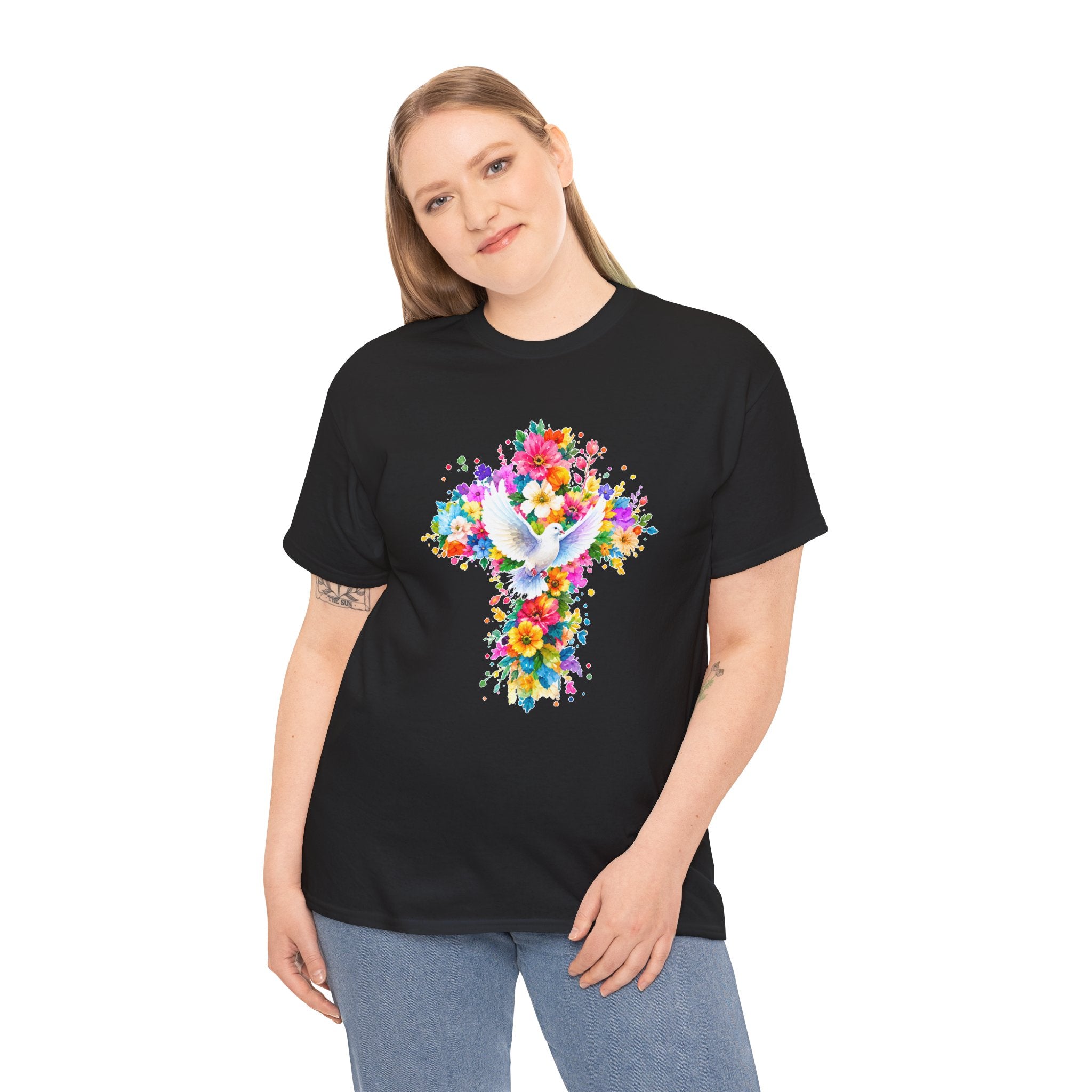 Christian Floral Cross T-Shirt | Dove Faith Shirt | Religious Graphic Tee | Holy Spirit Shirt | Easter Gift | Church Shirt
