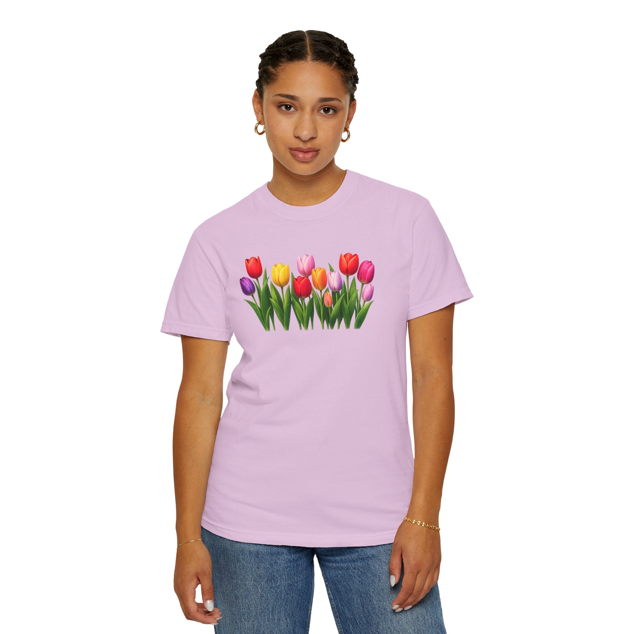 Colorful Tulip Shirt, Floral T-Shirt for Women, Botanical Graphic Tee, Spring Garden Shirt, Comfort Colors Tee