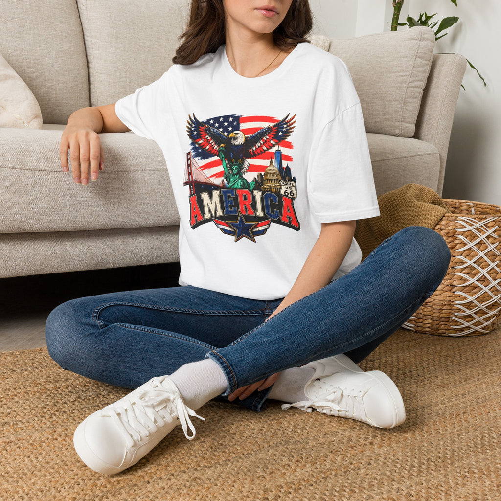 America Eagle Graphic T-Shirt — Patriotic USA Flag & Landmarks Tee (Statue of Liberty, Golden Gate, Capitol, Route 66)