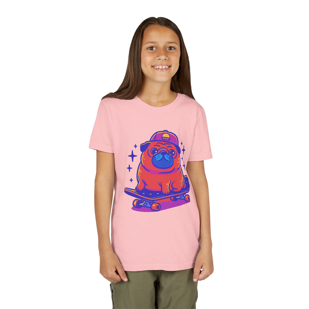 Cute Skateboarding Pug Kids T-Shirt | Funny Dog Graphic Tee for Boys & Girls | Youth Streetwear Shirt