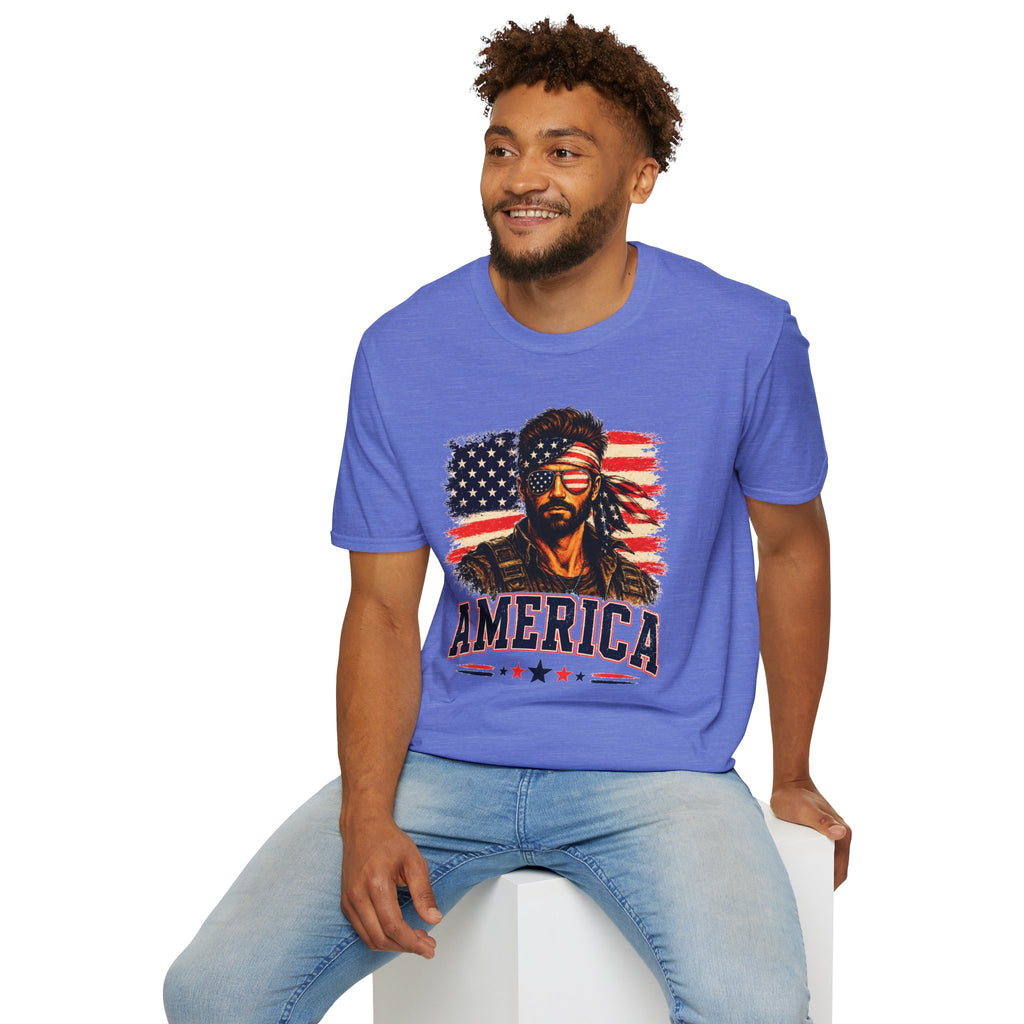 Patriotic Bandana Man T-Shirt — USA Flag Graphic Tee ("America")
