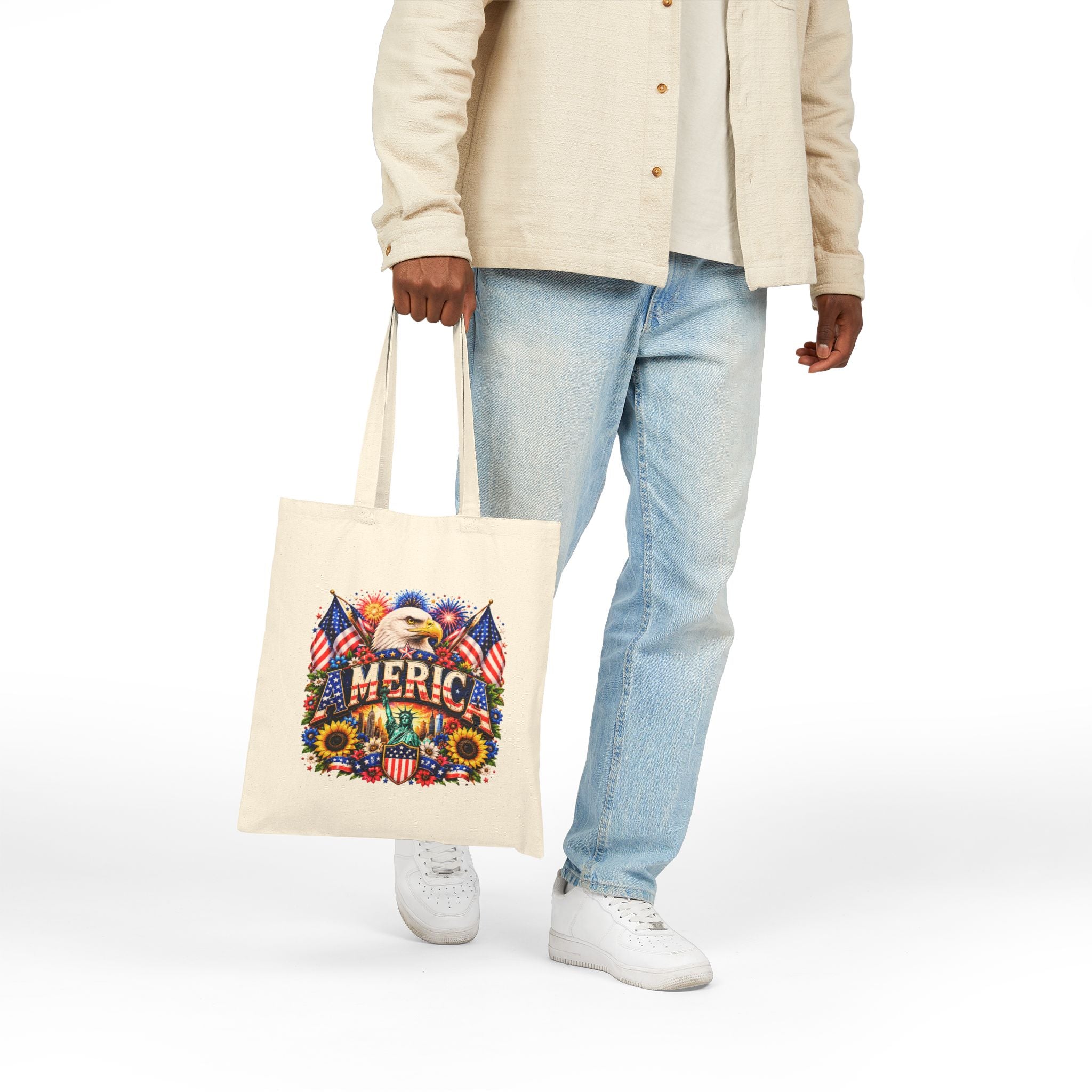 Patriotic America Tote Bag, Eagle Sunflower Tote, USA Flag Market Bag, Fourth of July Gift