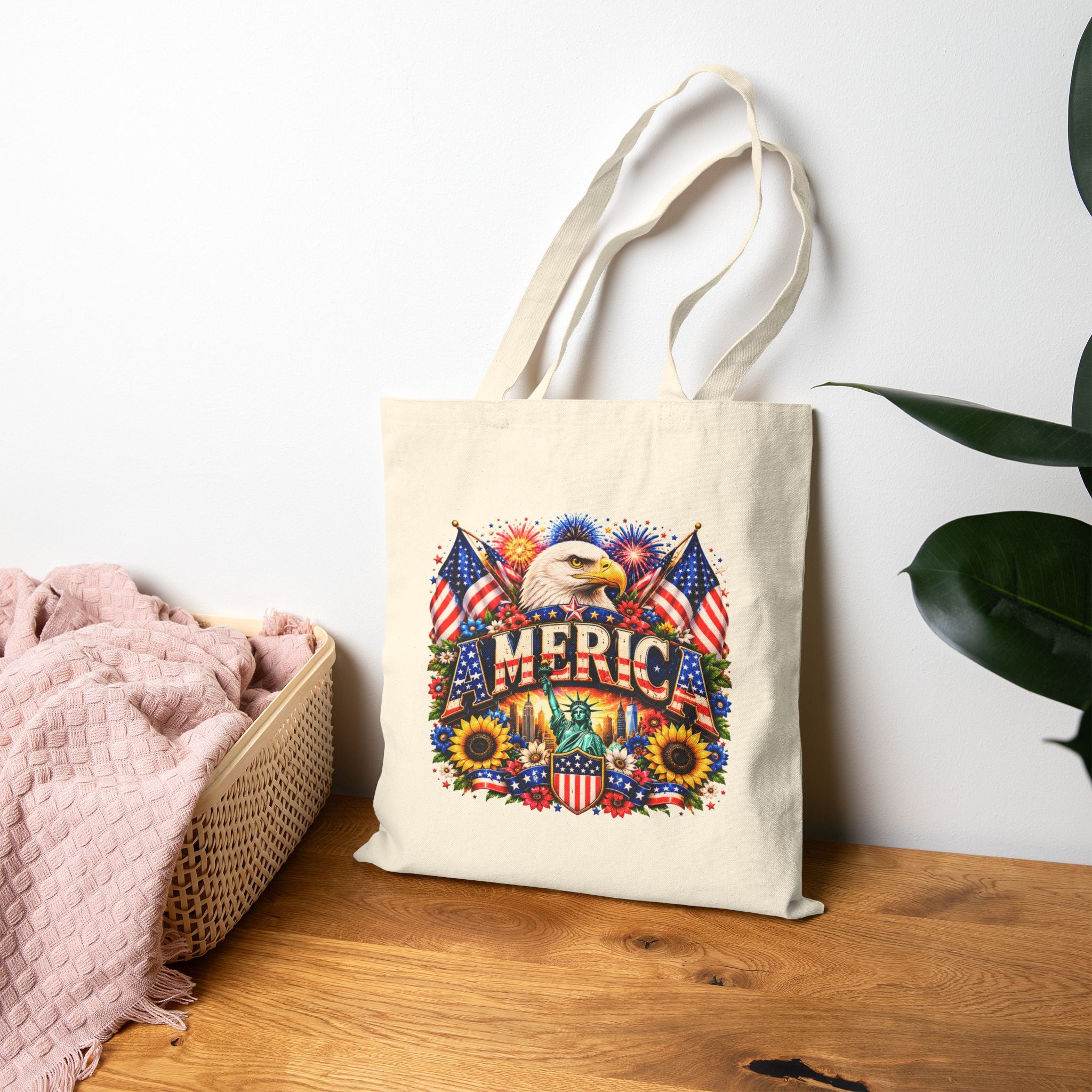 Patriotic America Tote Bag, Eagle Sunflower Tote, USA Flag Market Bag, Fourth of July Gift