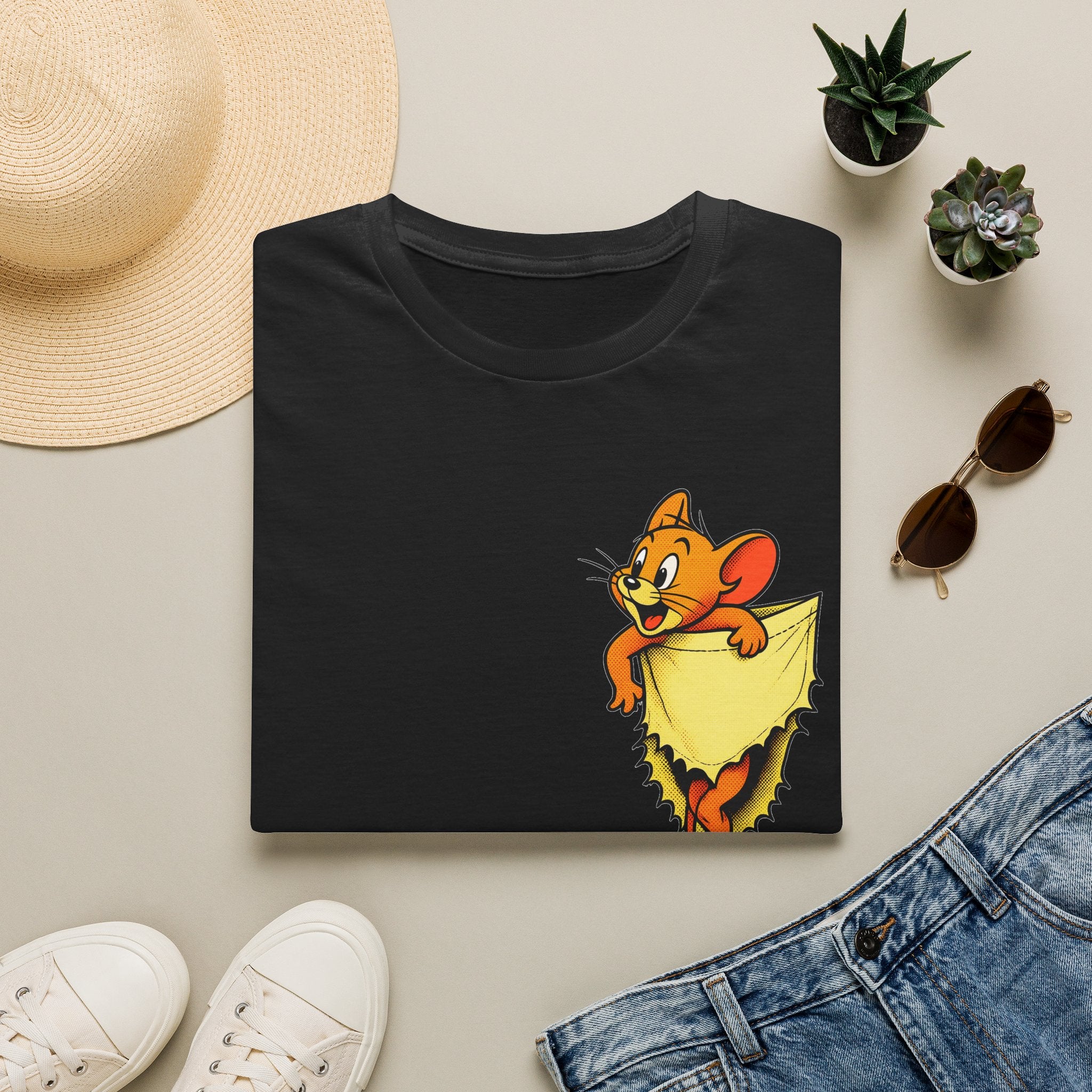 Jerry Pocket Tee — Cute Cartoon Mouse Peeking From Cheese T-Shirt