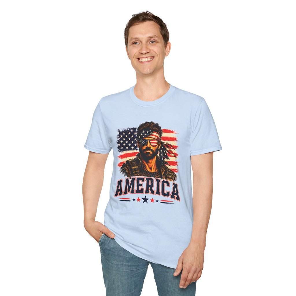 Patriotic Bandana Man T-Shirt — USA Flag Graphic Tee ("America")