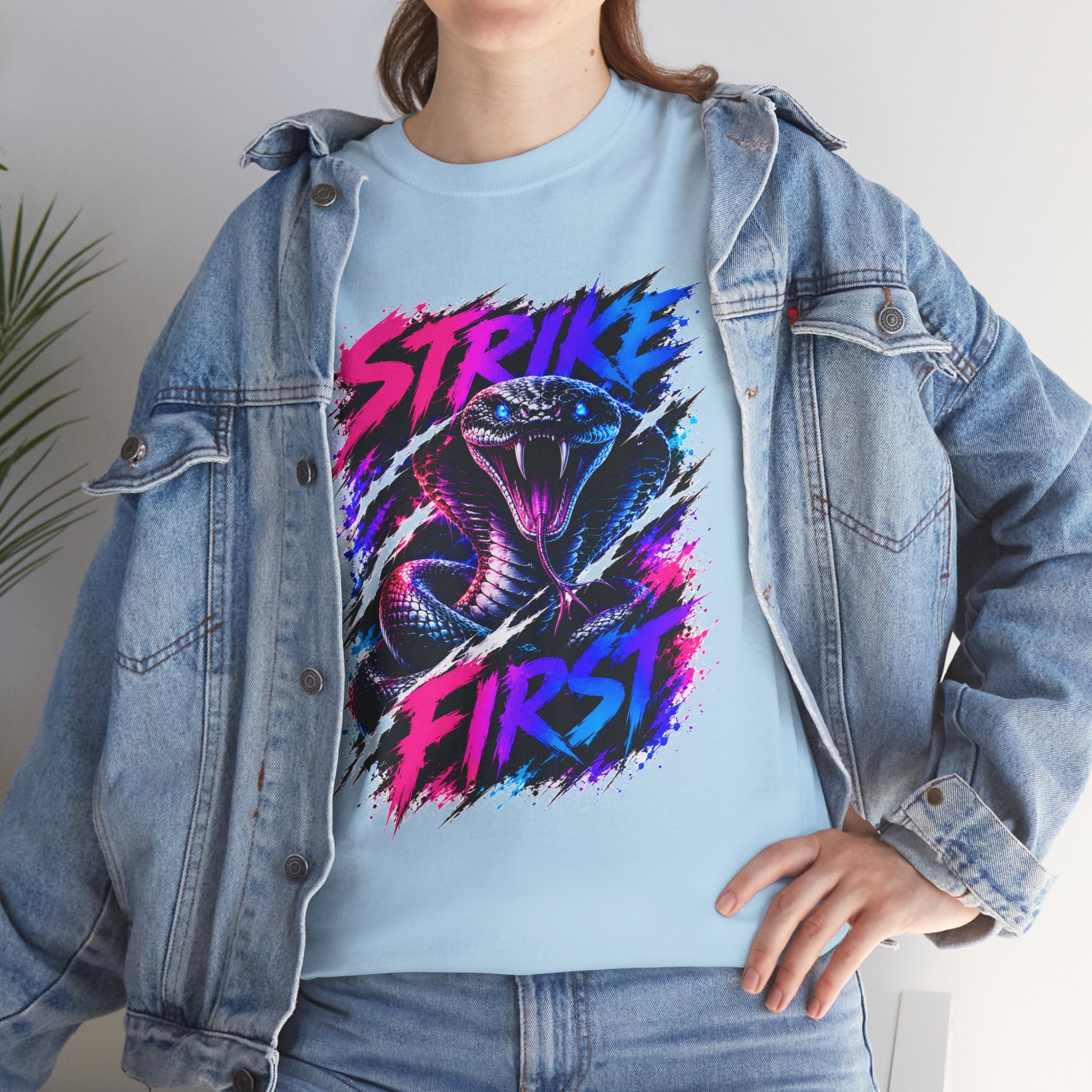 Strike First Cobra T-Shirt | Neon Snake Graphic Tee | Bold Streetwear Shirt | Unisex Graphic Tee