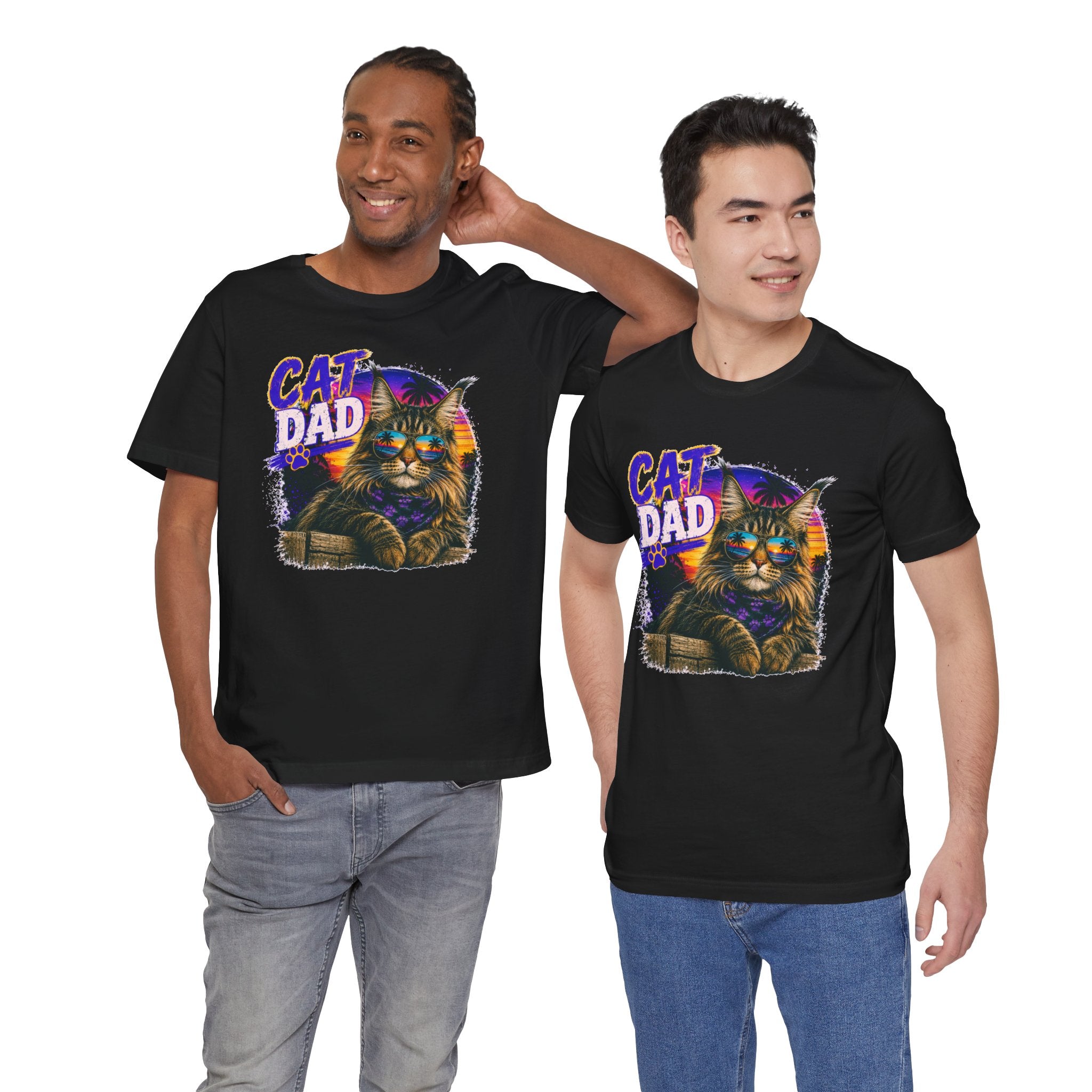 Cat Dad Maine Coon T-Shirt | Retro Sunset Cat Lover Shirt | Funny Cat Dad Gift | Vintage Graphic Tee for Men