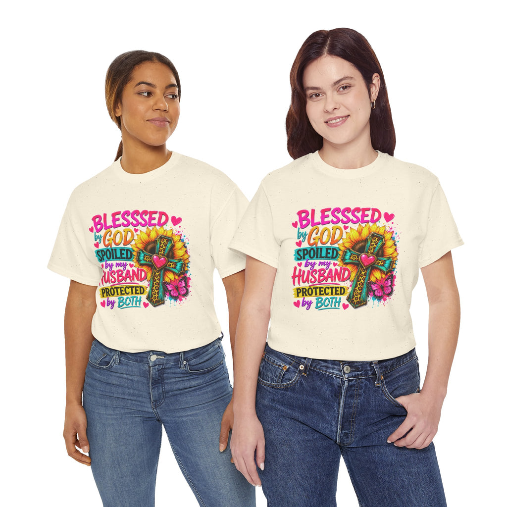 Blessed by God Spoiled by My Husband Tee — Christian Cross Floral Women's Shirt