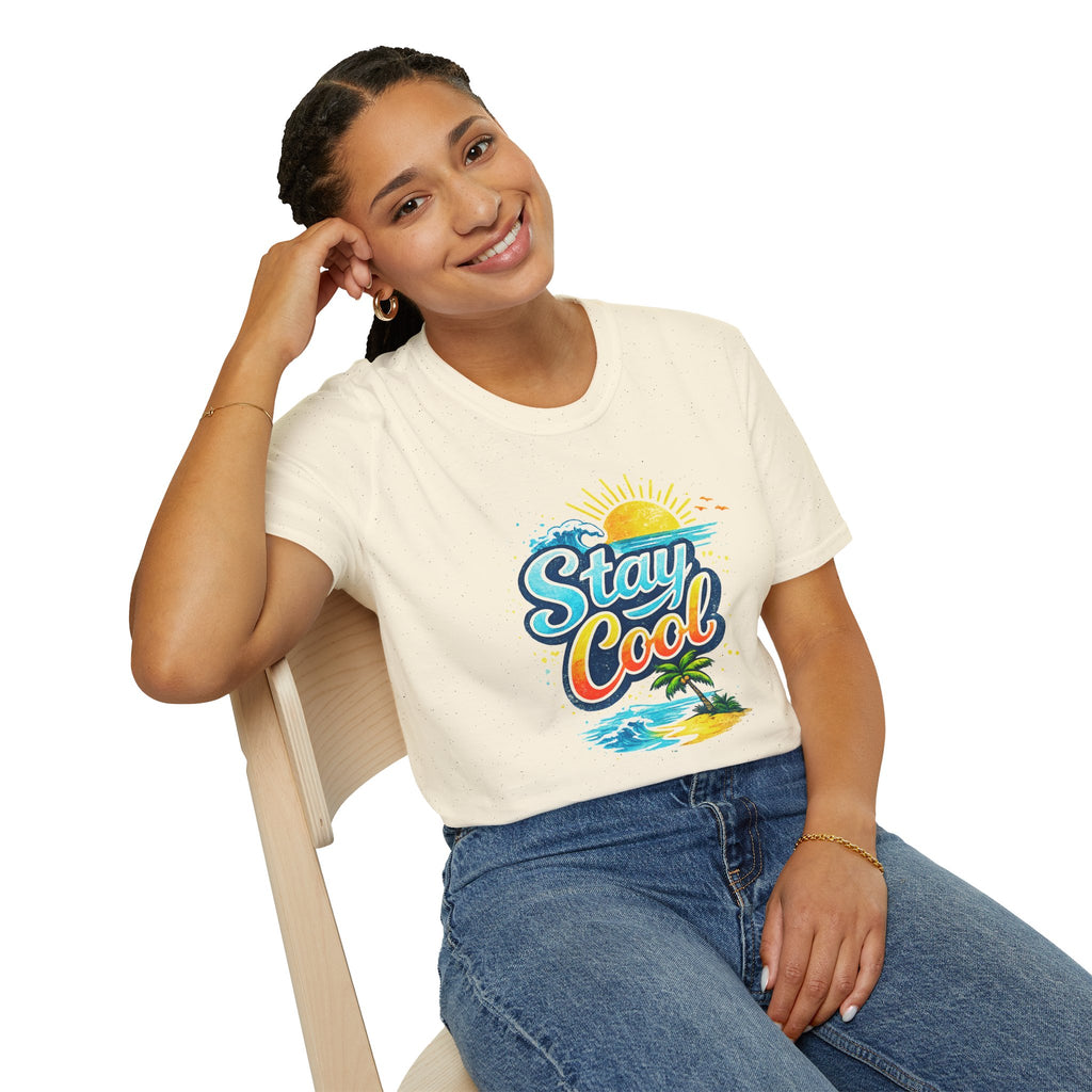 Stay Cool Beach T-Shirt — Vintage Sunset Palm Island Graphic