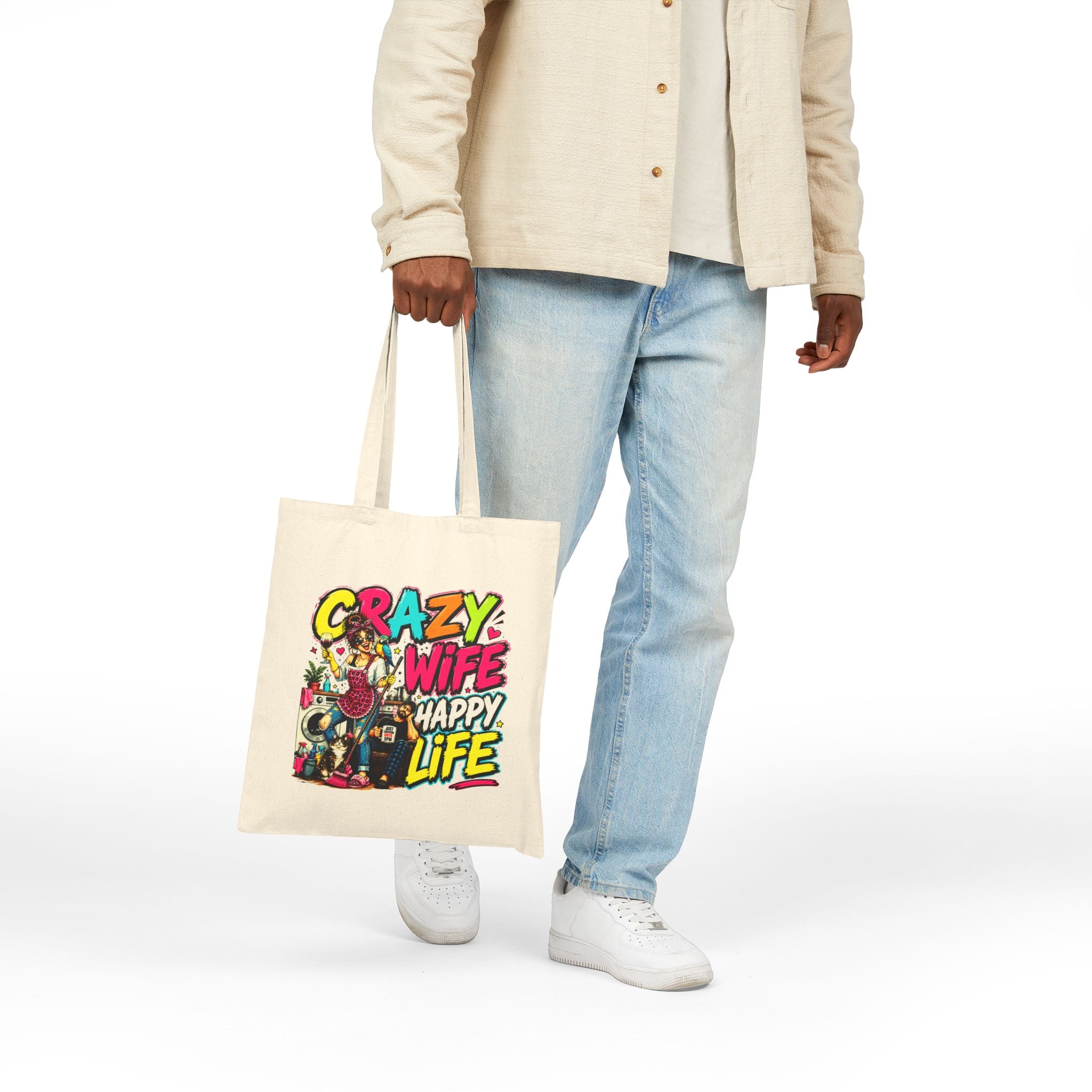 Crazy Wife Happy Life Tote Bag, Funny Wife Gift, Funny Marriage Canvas Bag, Wife Humor Gift, Anniversary Gift, Reusable Shopping Tote