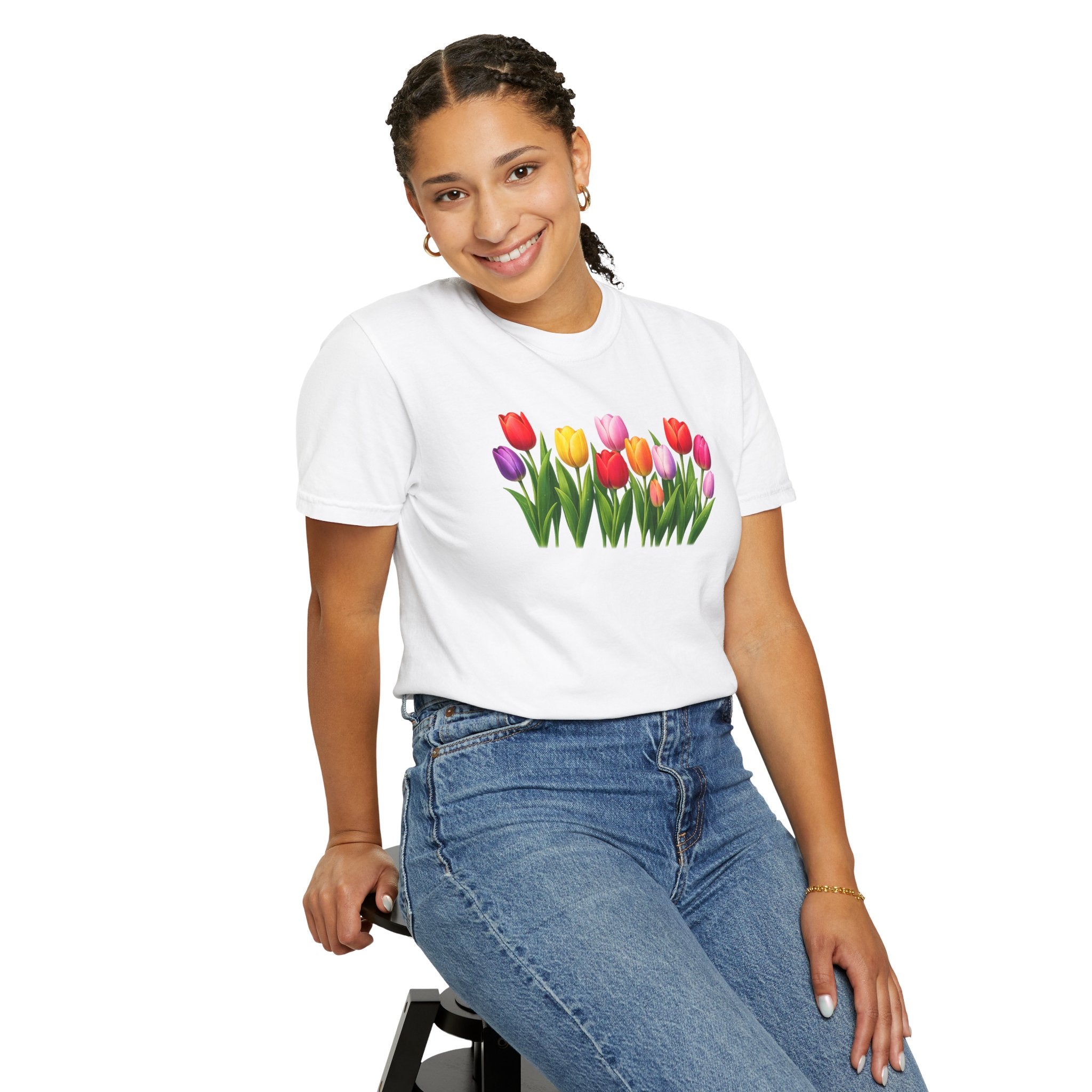 Colorful Tulip Shirt, Floral T-Shirt for Women, Botanical Graphic Tee, Spring Garden Shirt, Comfort Colors Tee