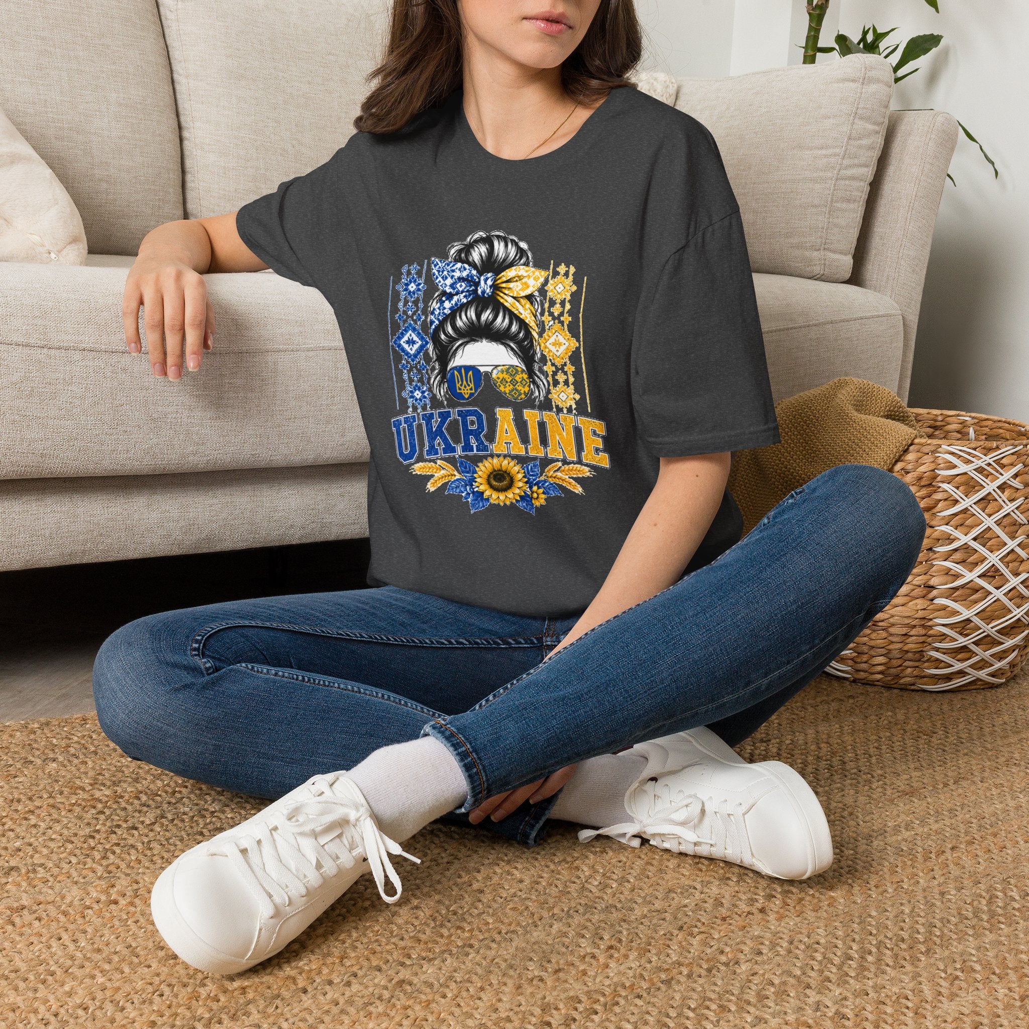 Ukraine Sunflower Hair Bun T-Shirt — Messy Bun with Blue & Yellow Bandana