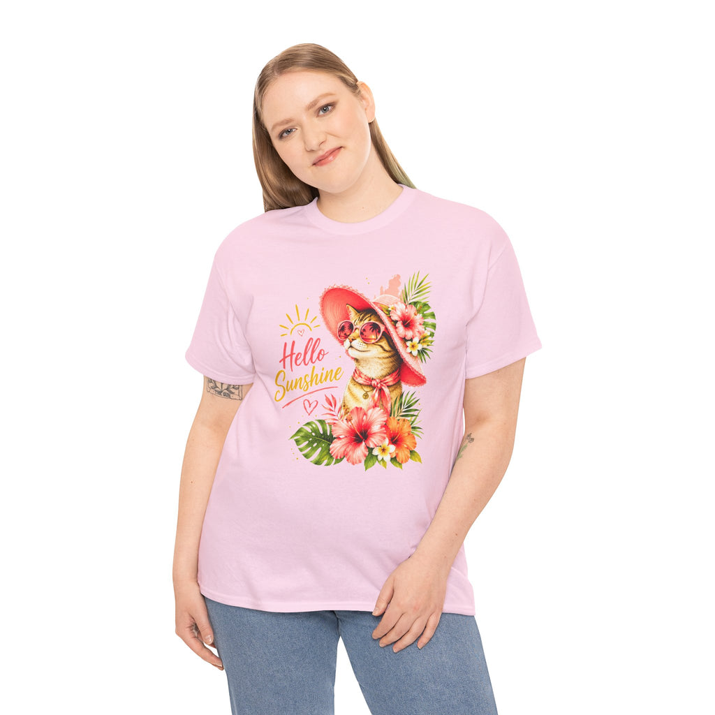 Hello Sunshine Cat Shirt | Cute Floral Cat T-Shirt | Tropical Summer Kitty Tee | Cat Lover Gift | Cute Women's Graphic Tee