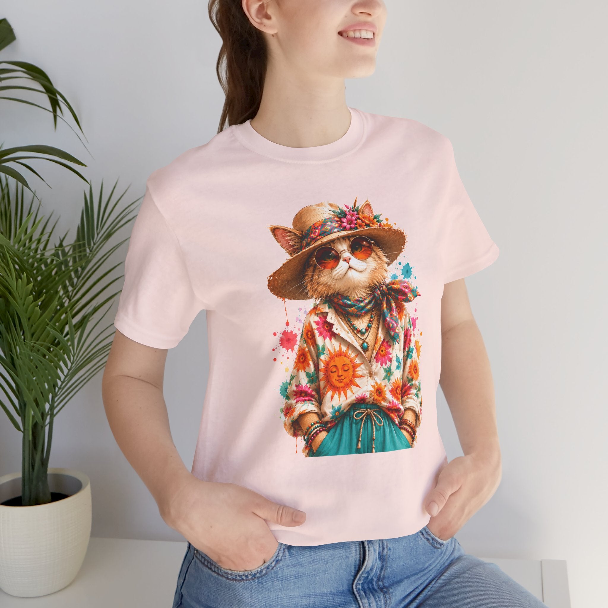 Boho Cat Graphic Tee — Floral Hat & Sunshine Cat T-Shirt
